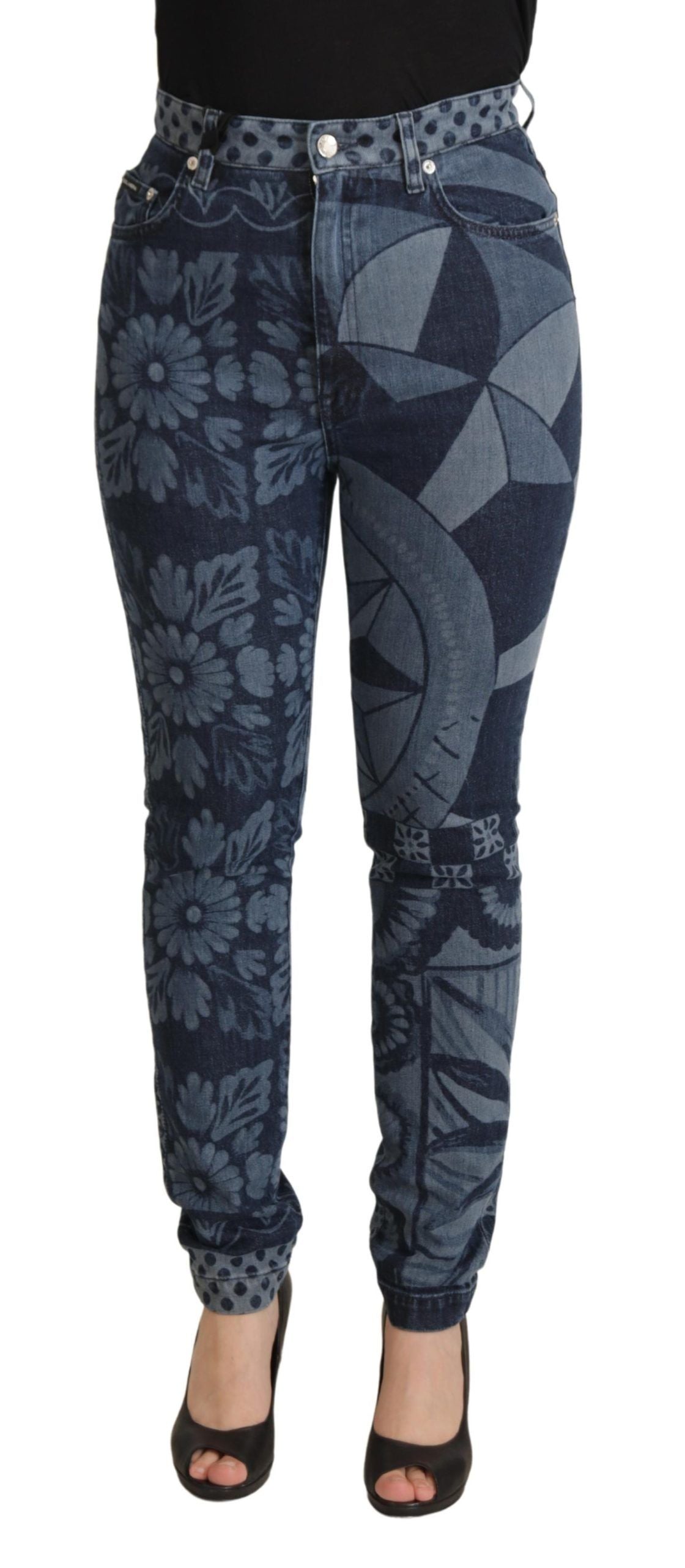 Blauwe skinny denim jeans met hoge taille en bloemenprint