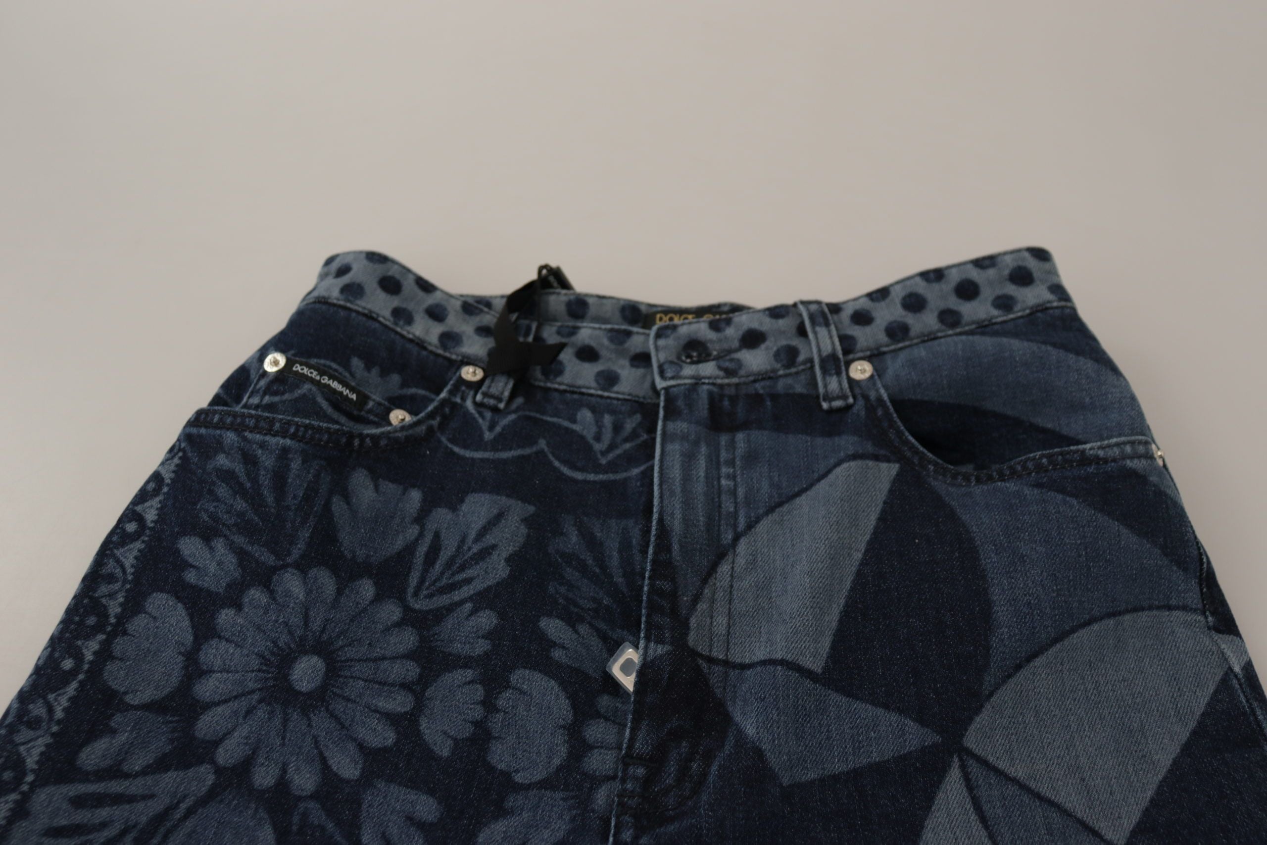 Blauwe skinny denim jeans met hoge taille en bloemenprint