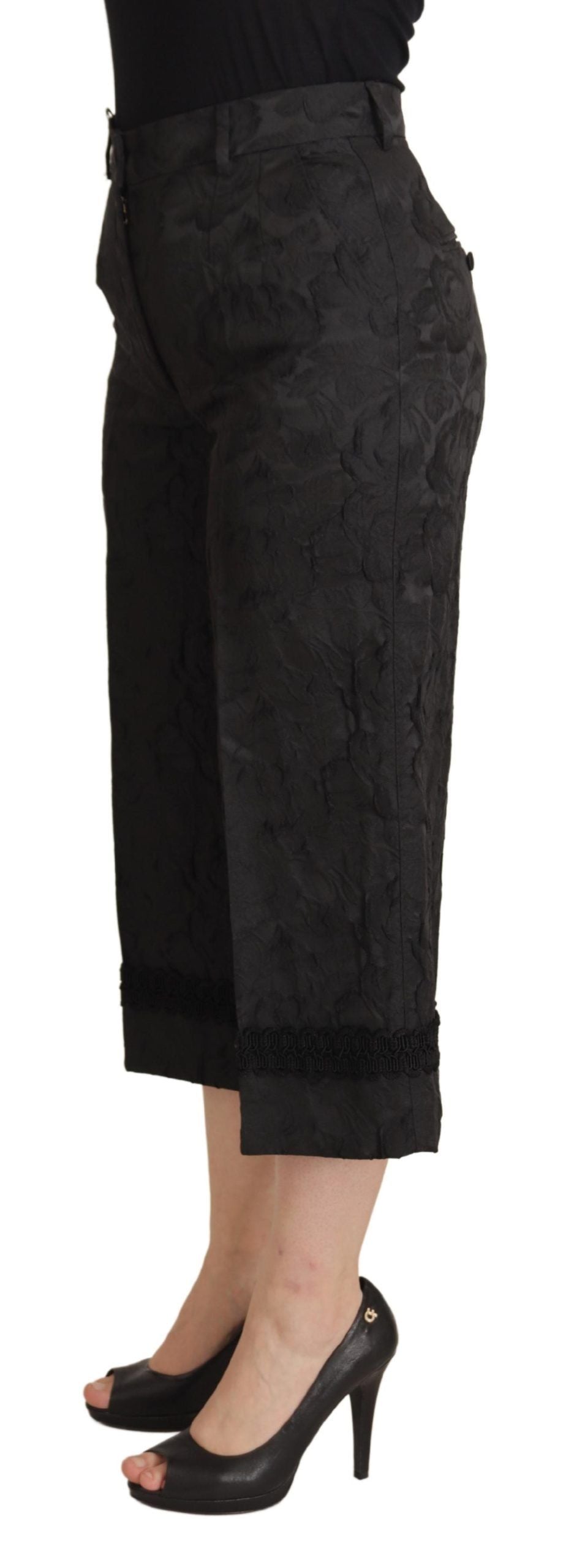 Zwarte brokaat cropped hoge taille broek