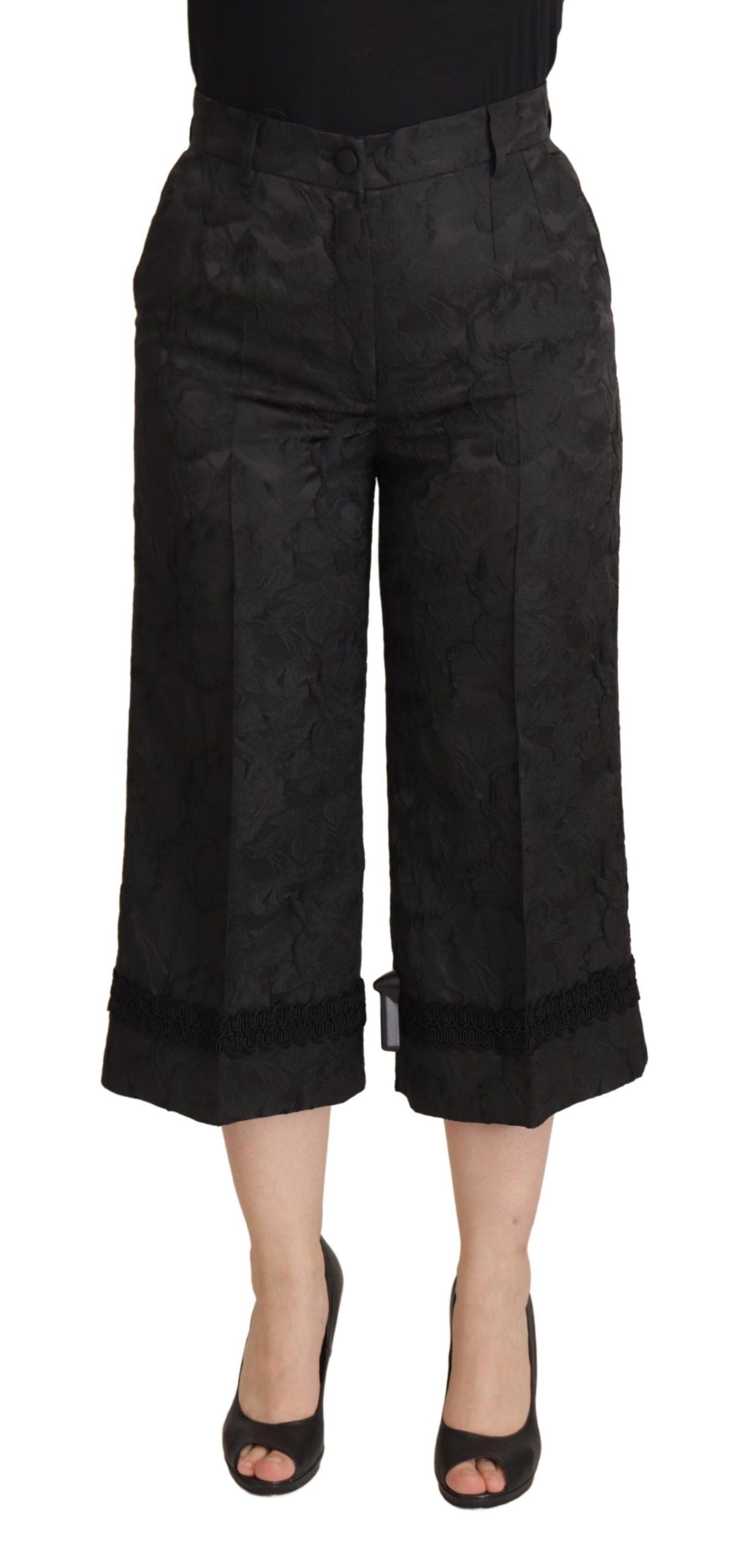 Zwarte brokaat cropped hoge taille broek