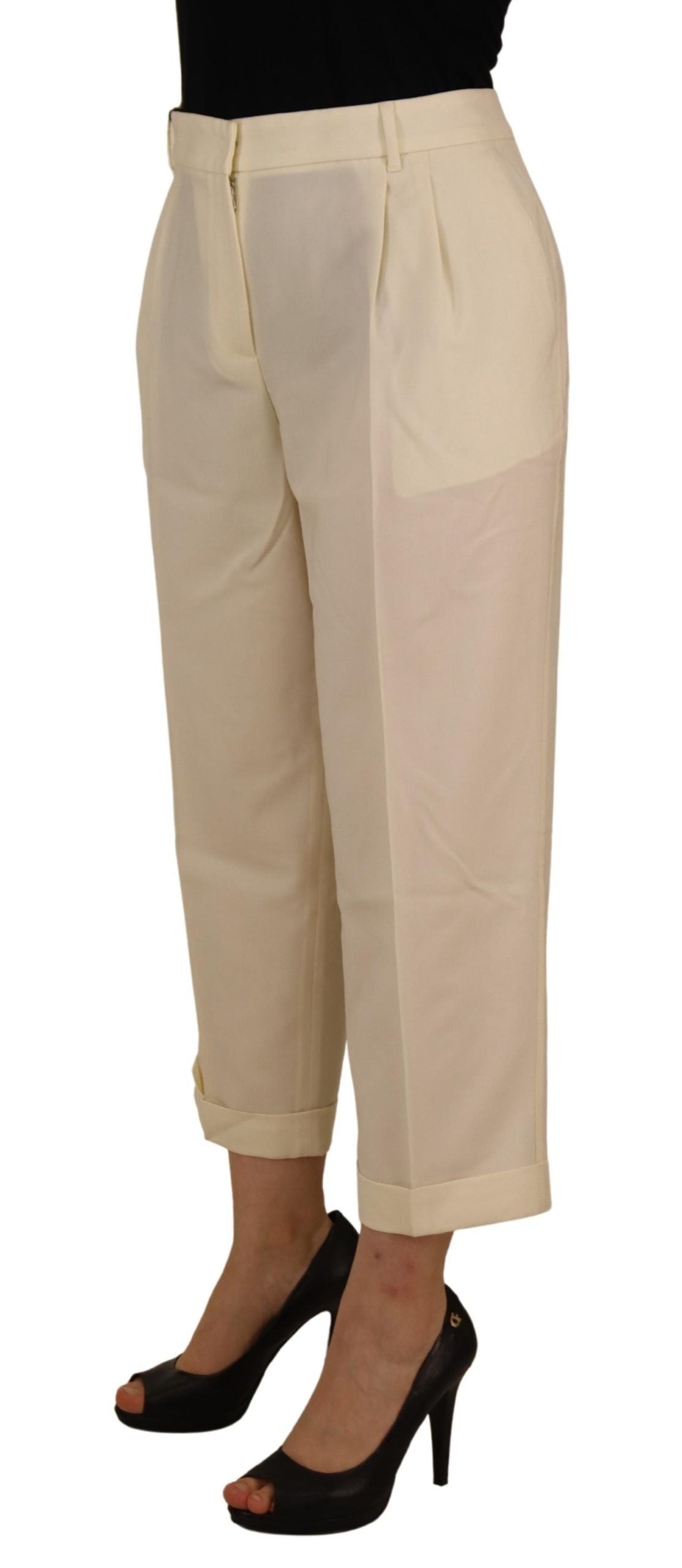 Ivoorkleurige hoge taille cropped gevouwen zoom broek