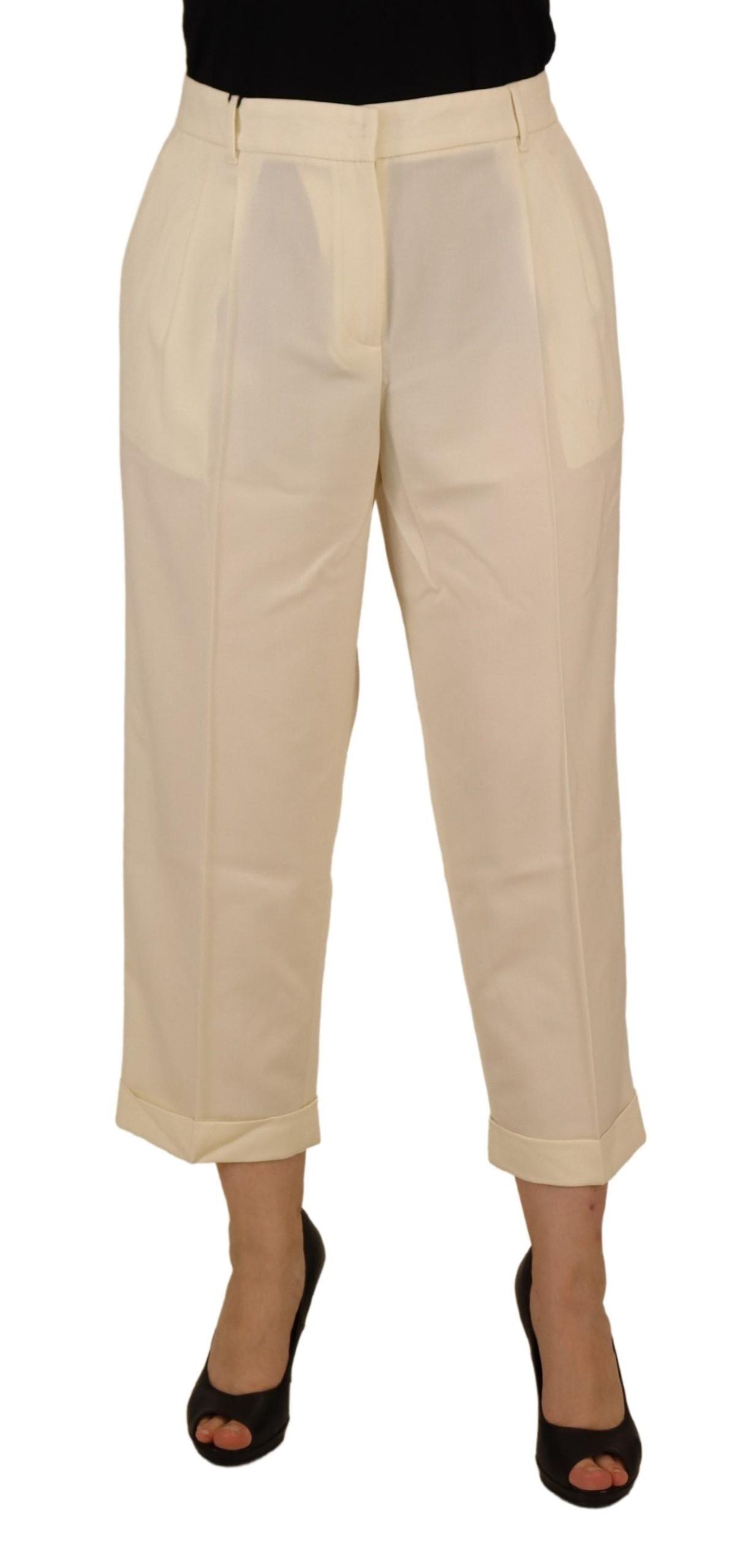 Ivoorkleurige hoge taille cropped gevouwen zoom broek