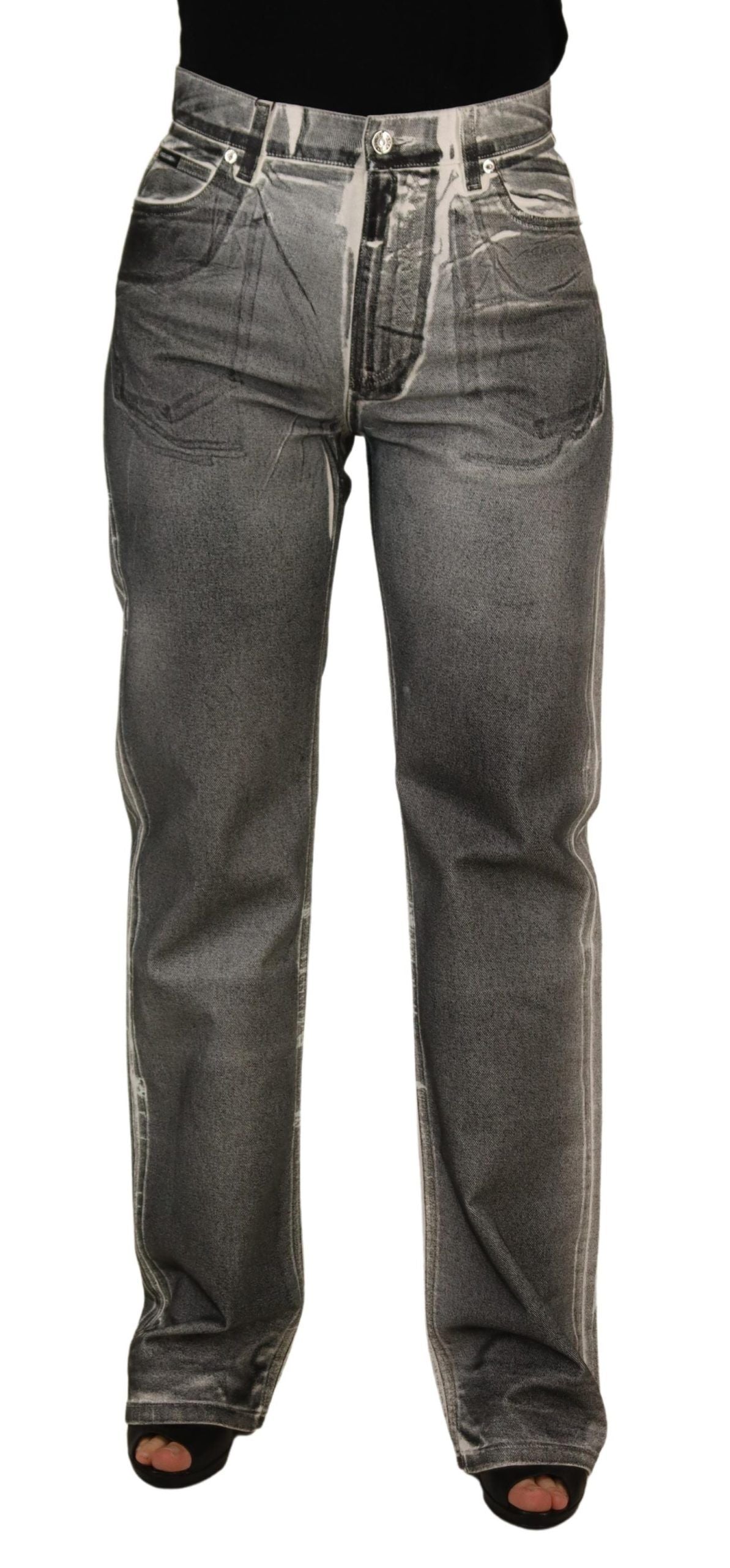 Grijs gewassen hoge taille denim broek katoenen jeans