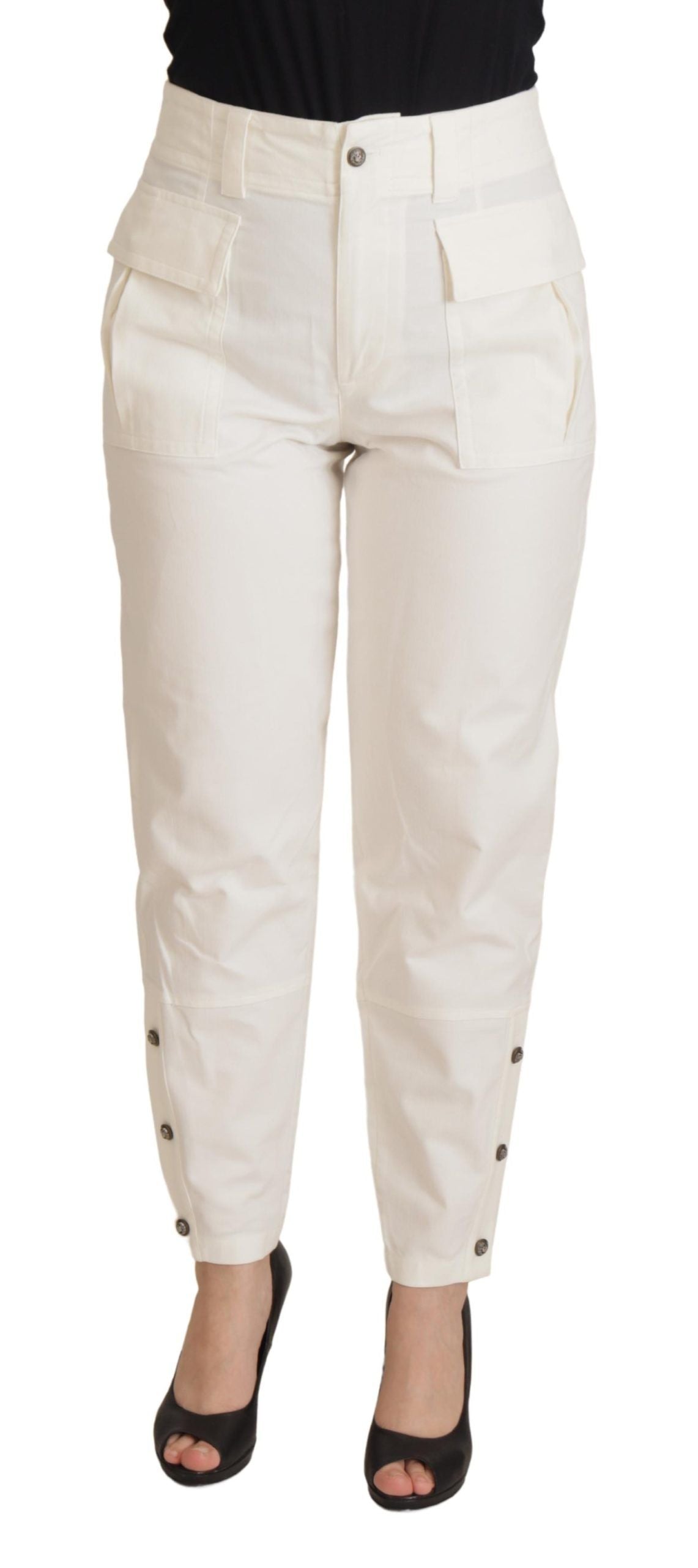 Witte hoge taille taps toelopende katoenen damesbroek