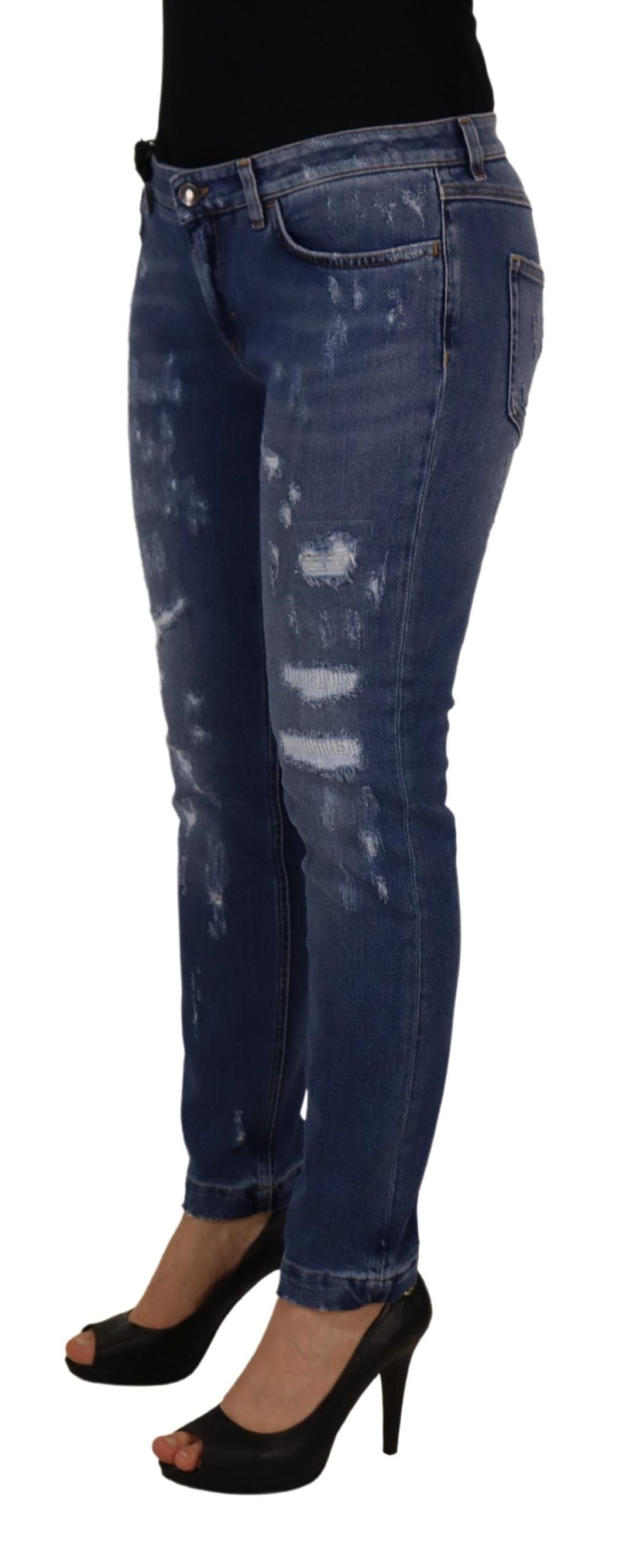 Blauwe gewassen katoenen skinny jeans met lage taille