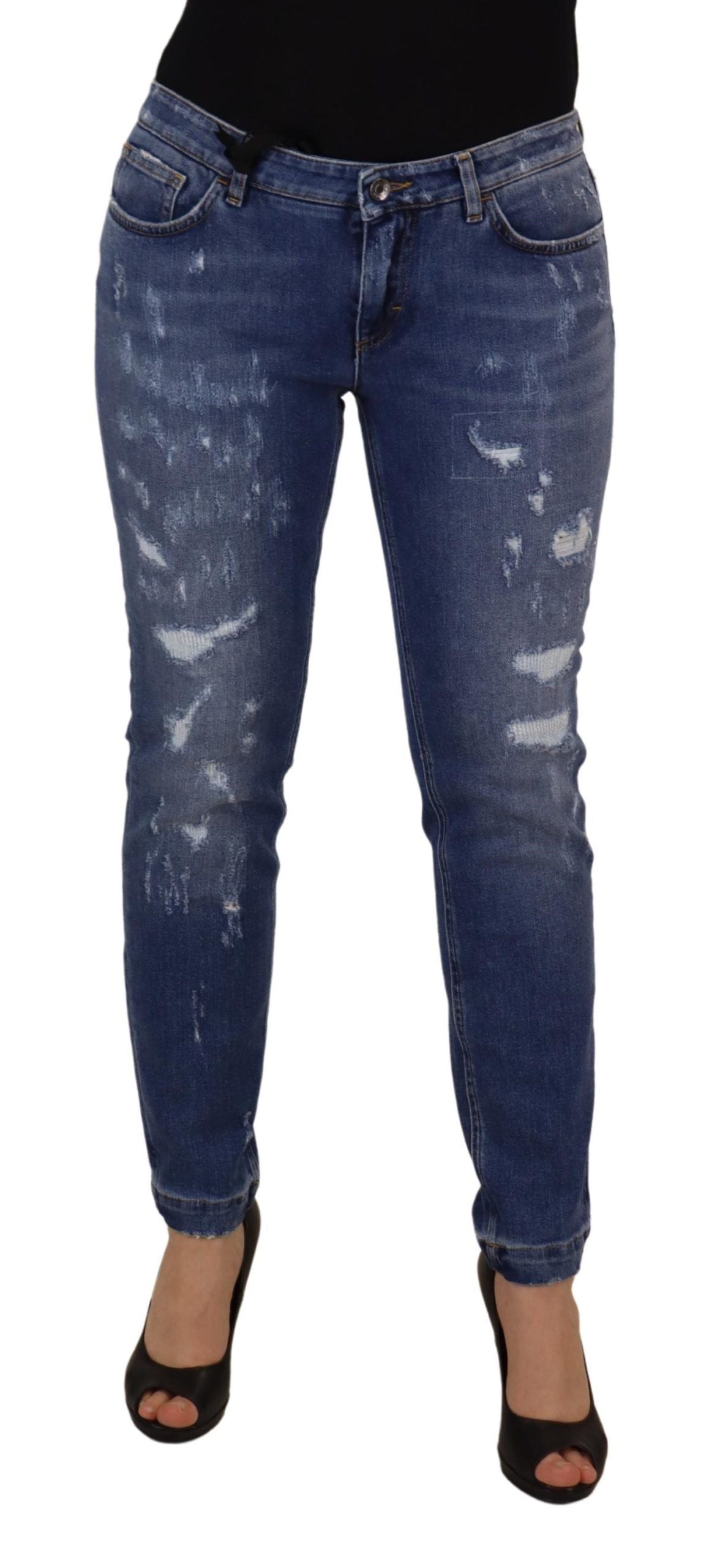 Blauwe gewassen katoenen skinny jeans met lage taille