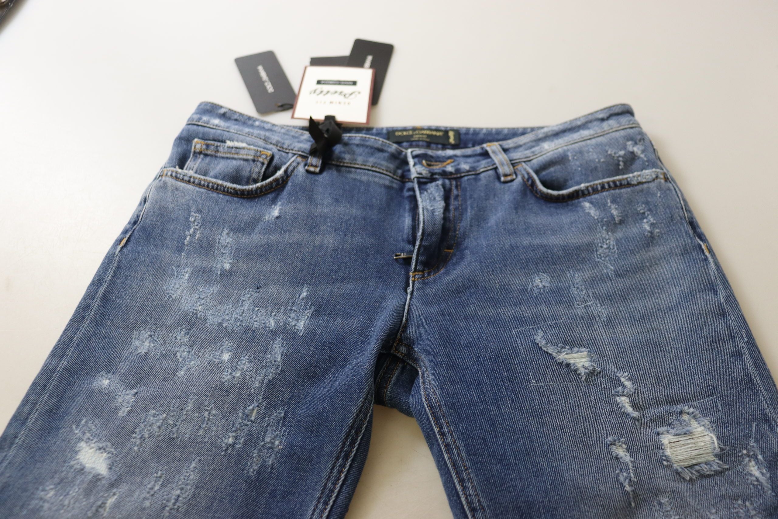 Blauwe gewassen katoenen skinny jeans met lage taille