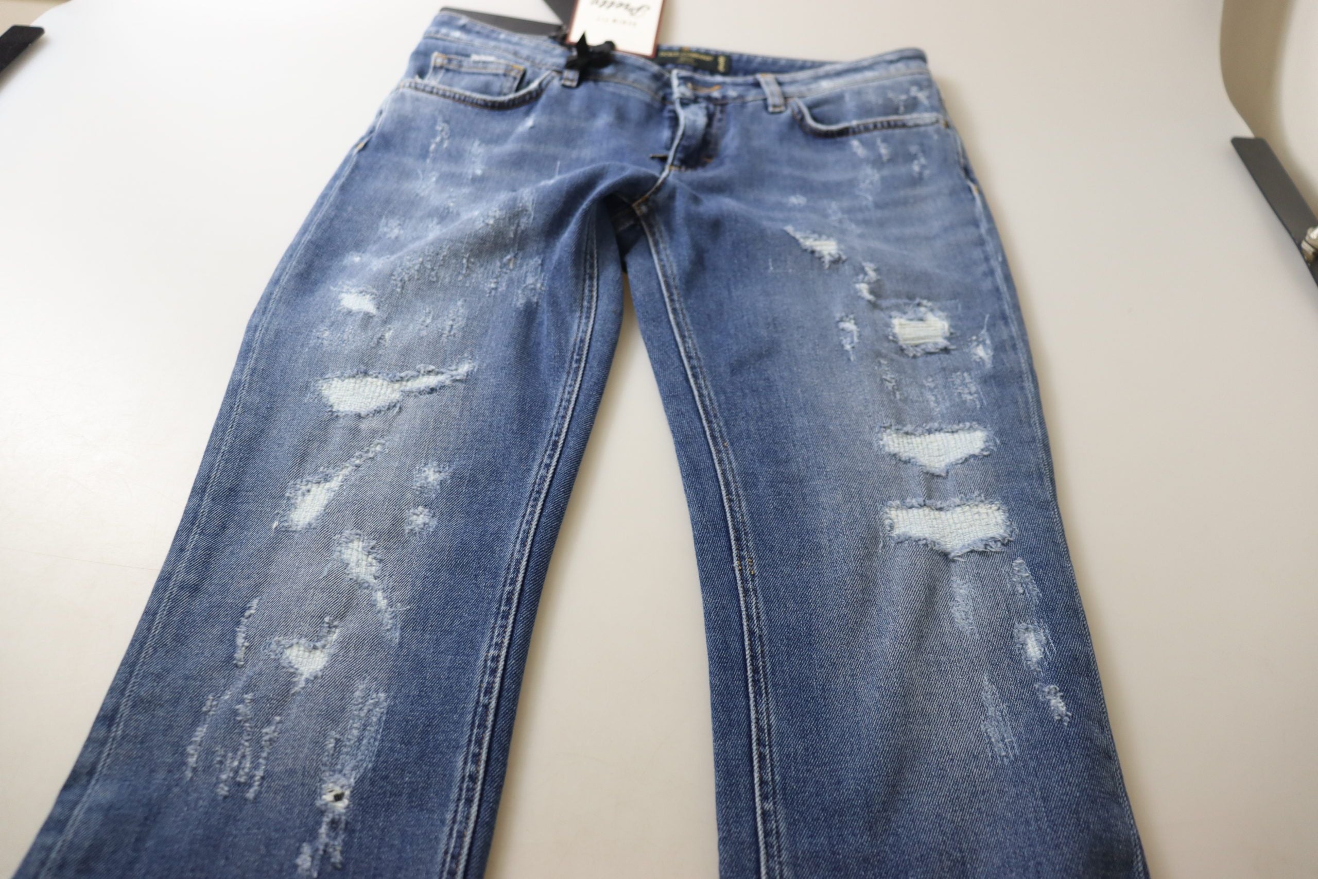 Blauwe gewassen katoenen skinny jeans met lage taille
