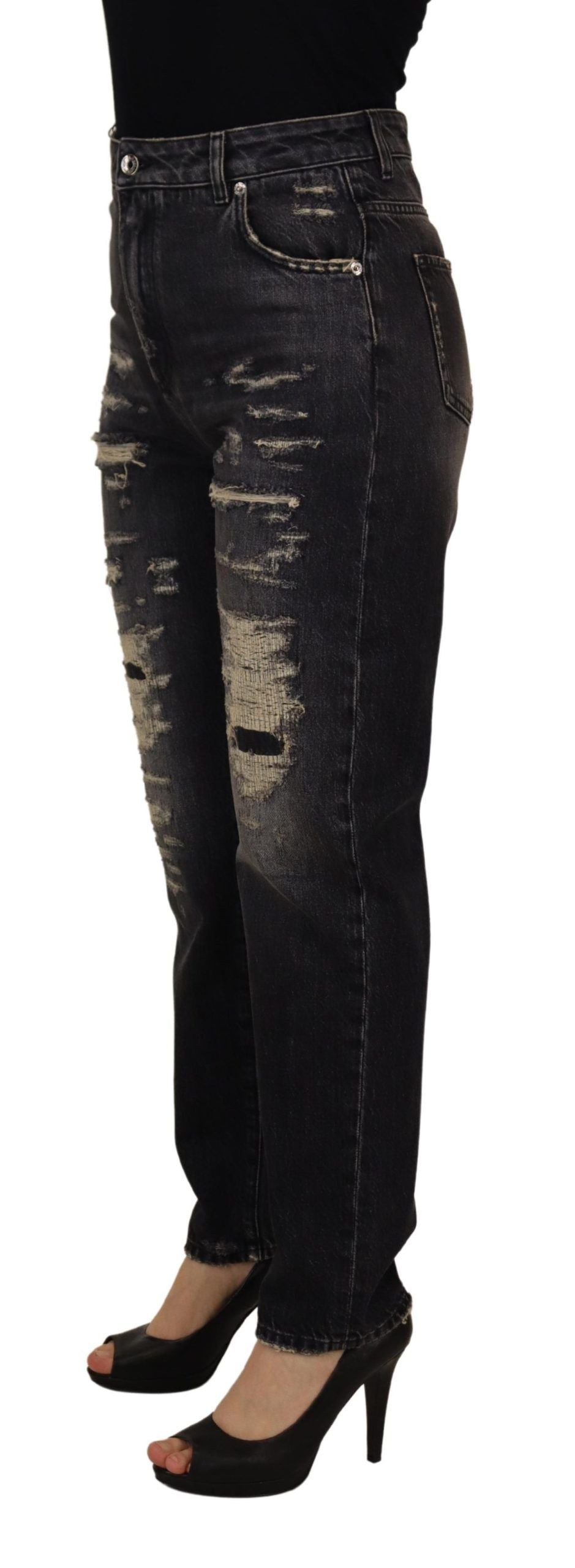 Zwarte gewassen gescheurde jeans met hoge taille