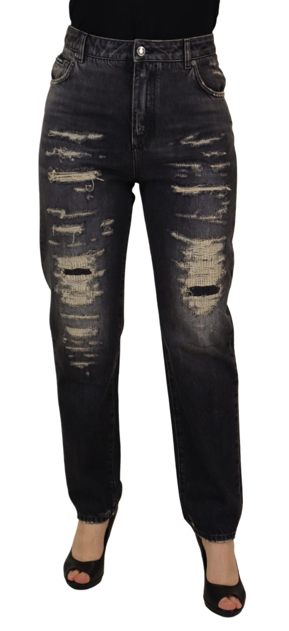 Zwarte gewassen gescheurde jeans met hoge taille
