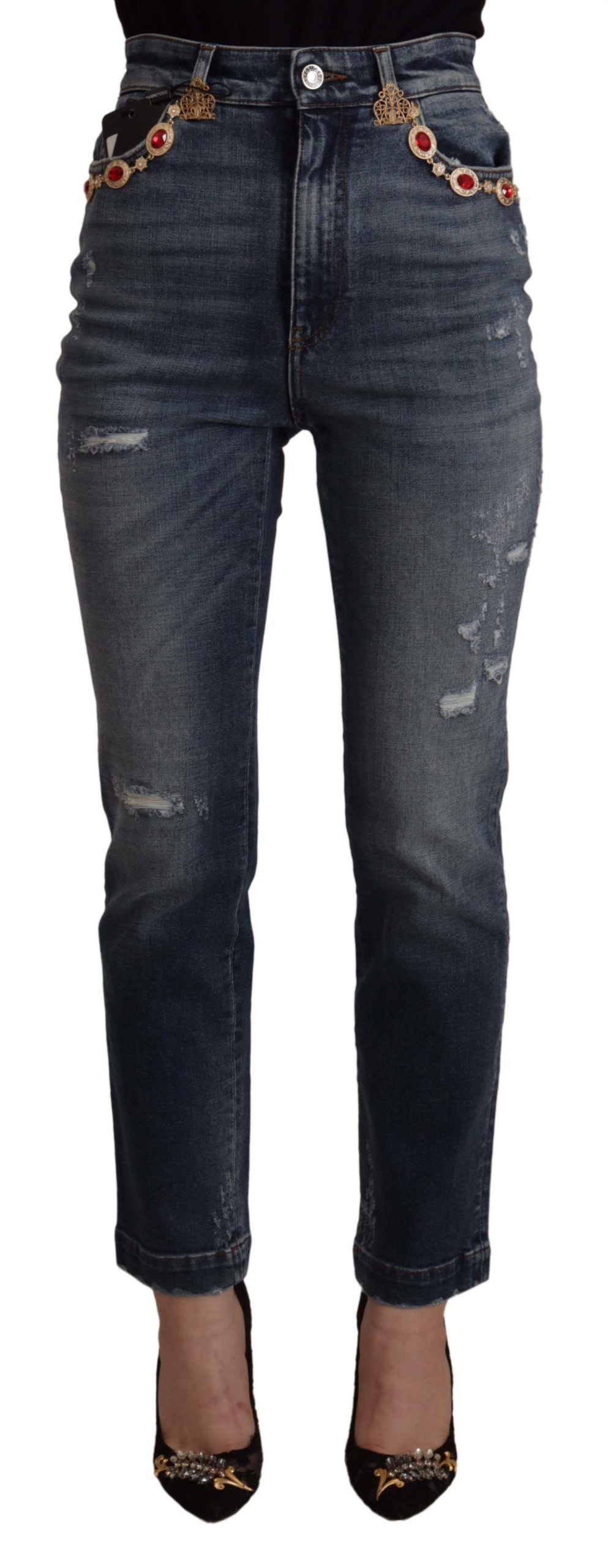 Blauwe denim broek met kristallen versieringen
