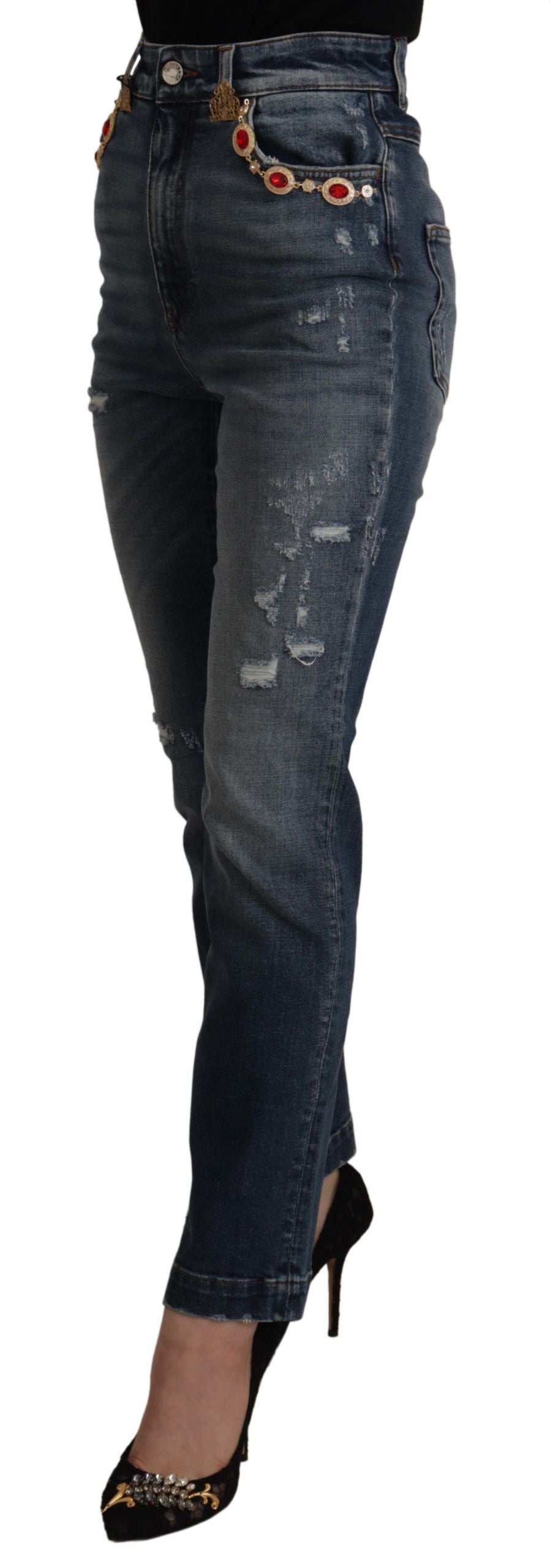 Blauwe denim broek met kristallen versieringen