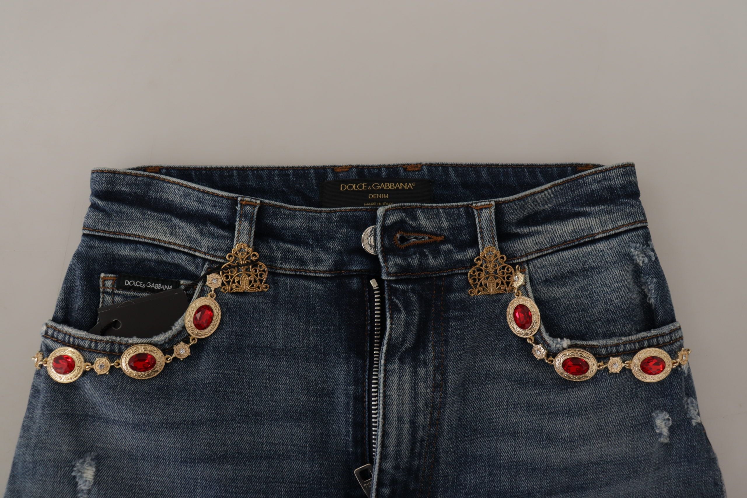 Blauwe denim broek met kristallen versieringen