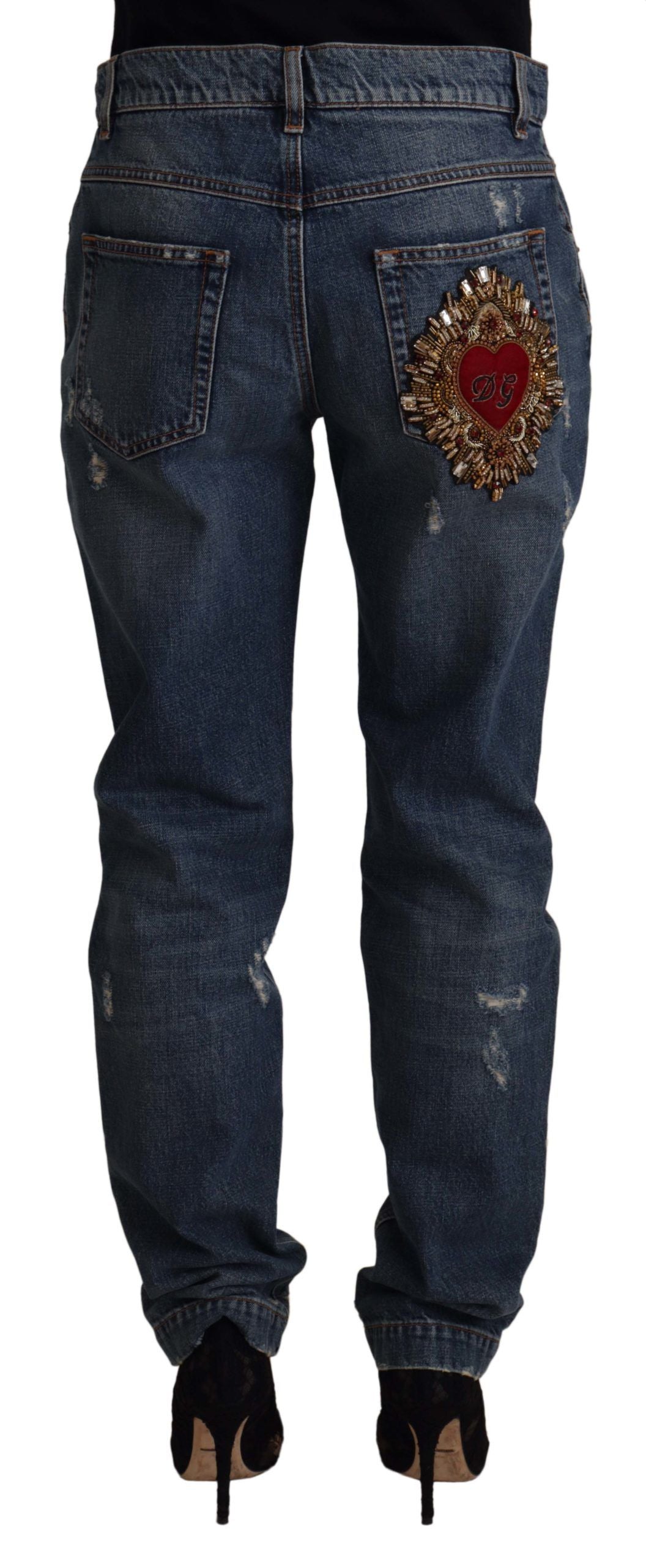 Blauwe denim barok hart logo patch broek jeans