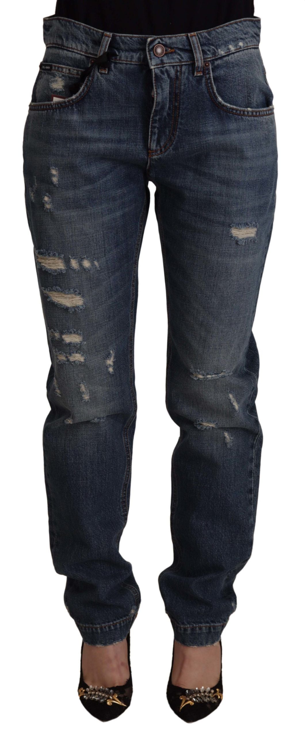 Blauwe denim barok hart logo patch broek jeans