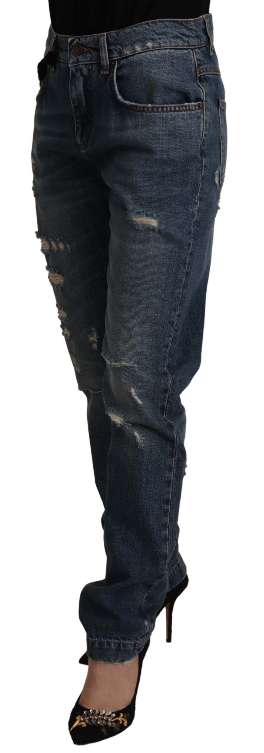 Blauwe denim barok hart logo patch broek jeans