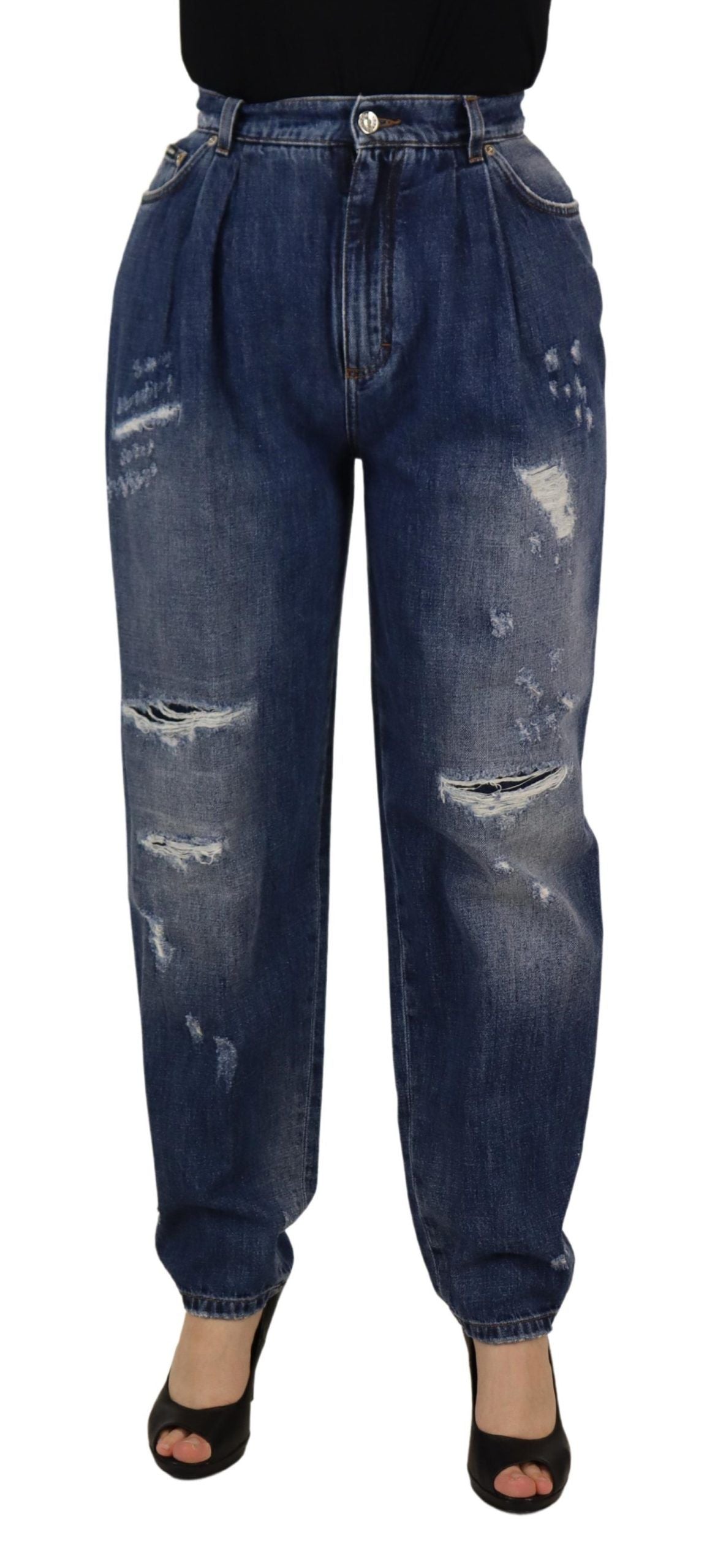 Blauwe gewassen hoge taille losse broek