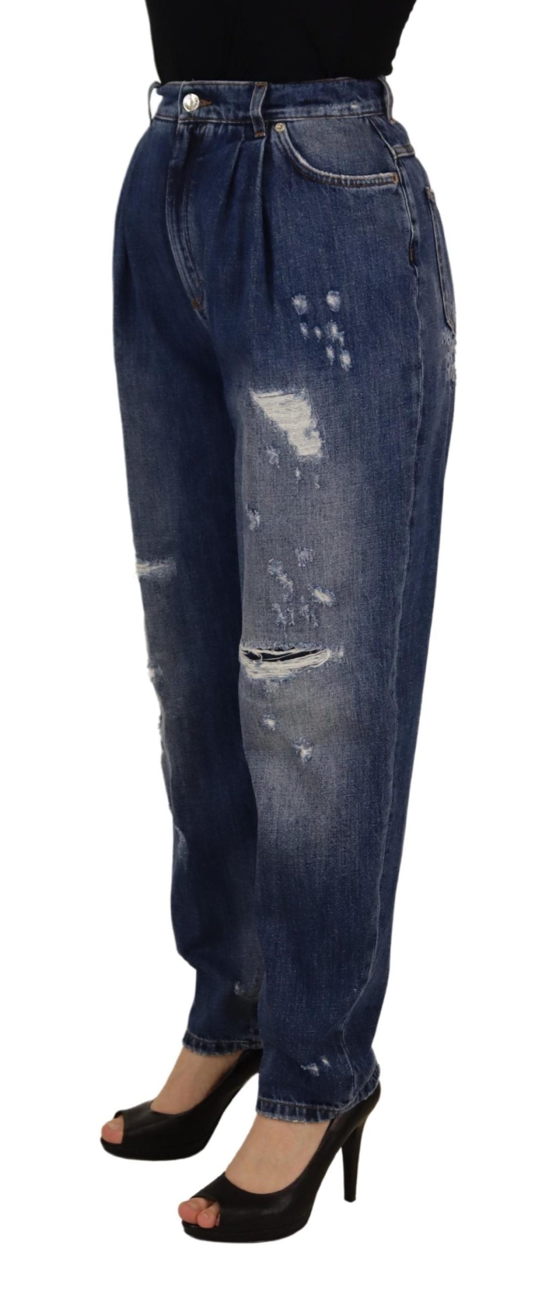 Blauwe gewassen hoge taille losse broek