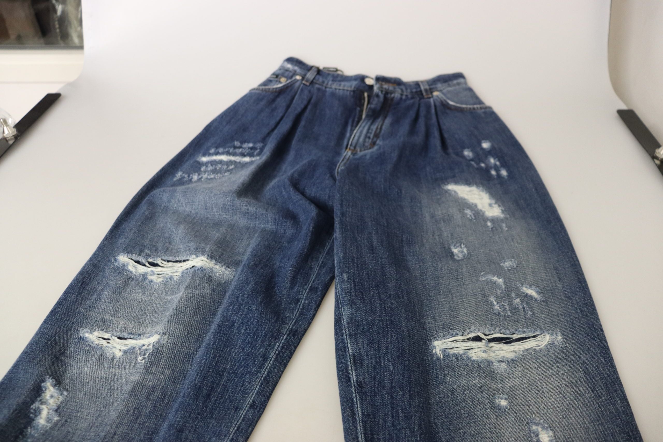 Blauwe gewassen hoge taille losse broek