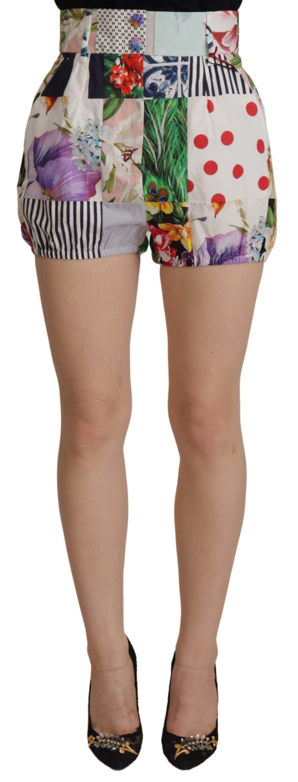 Multicolor Patchwork Hoge Taille Katoenen Shorts