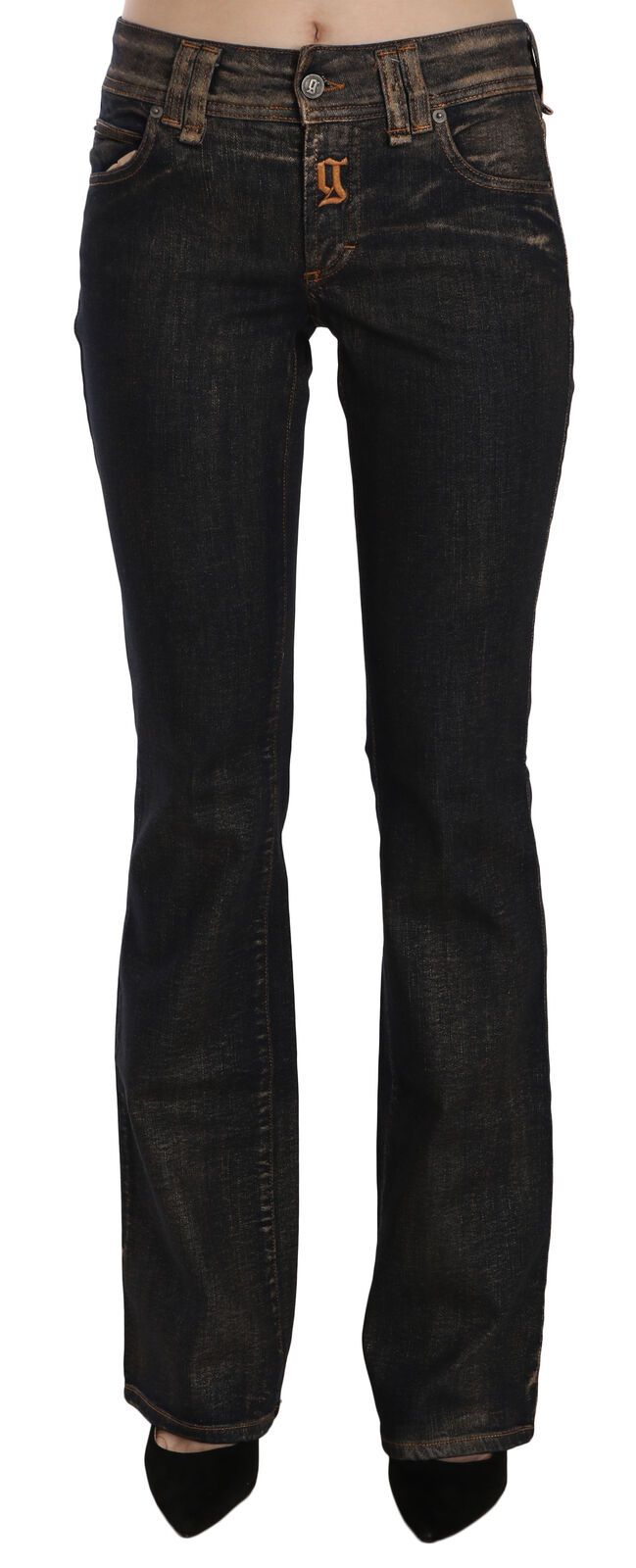 Zwarte gewassen mid waist flared denim broek van katoen