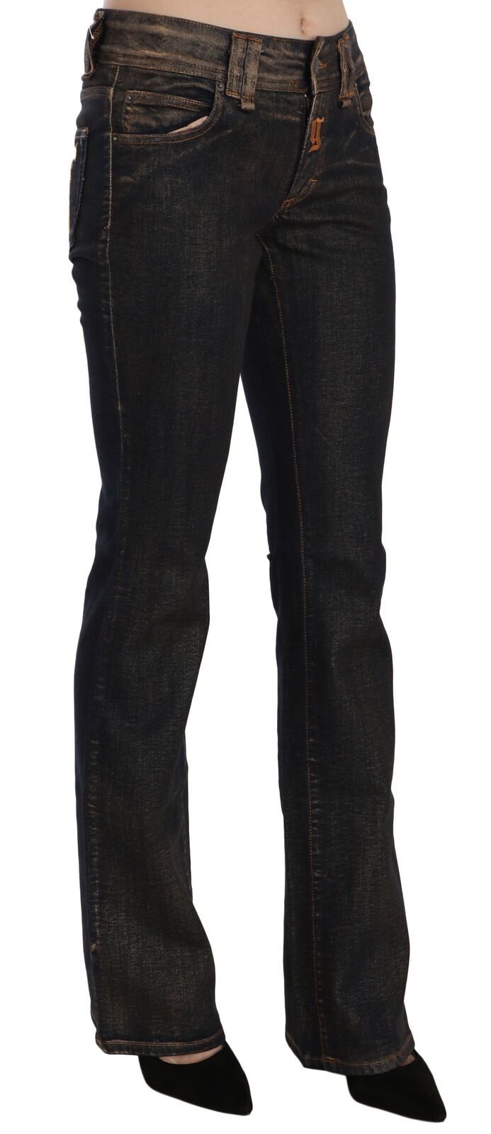 Zwarte gewassen mid waist flared denim broek van katoen