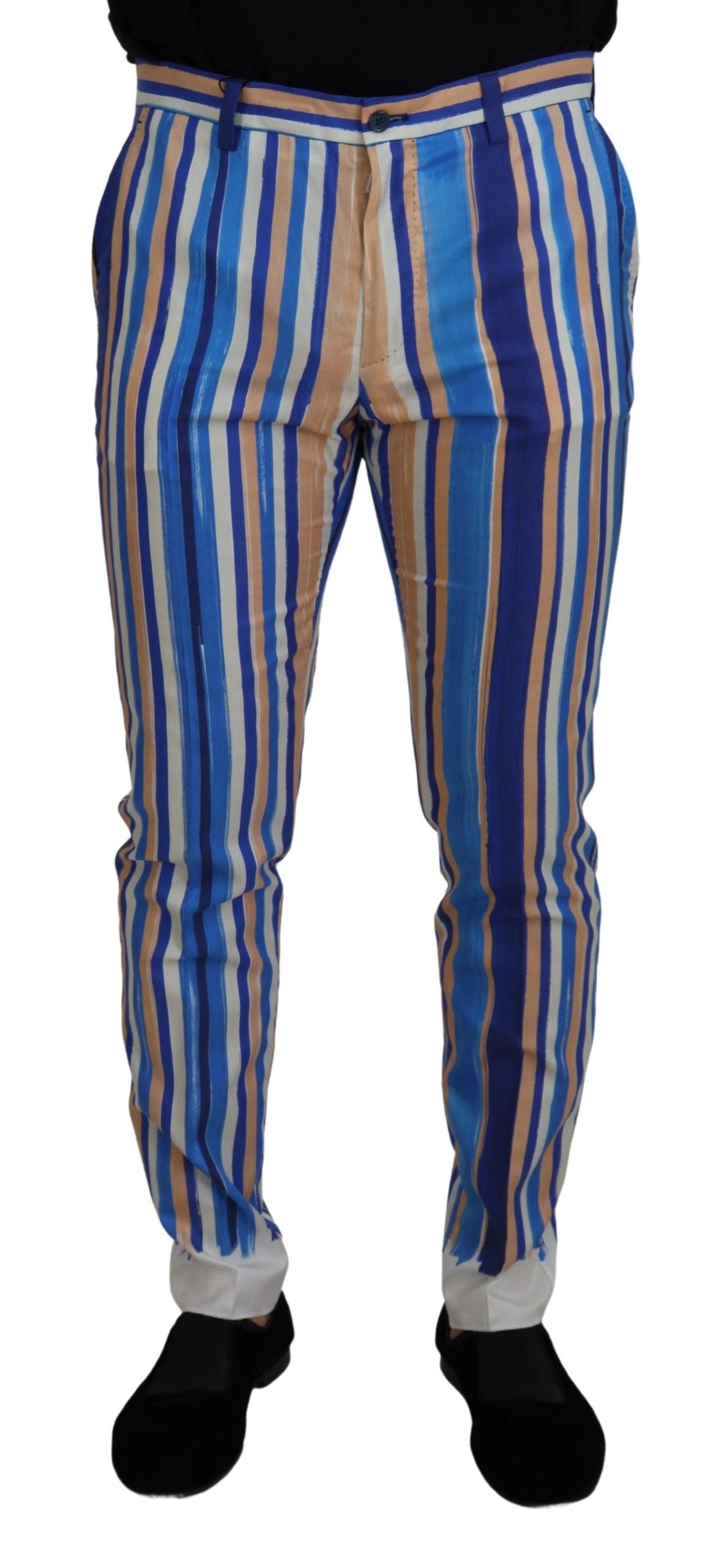 Blauwe gestreepte zijden katoenen slim-fit broek
