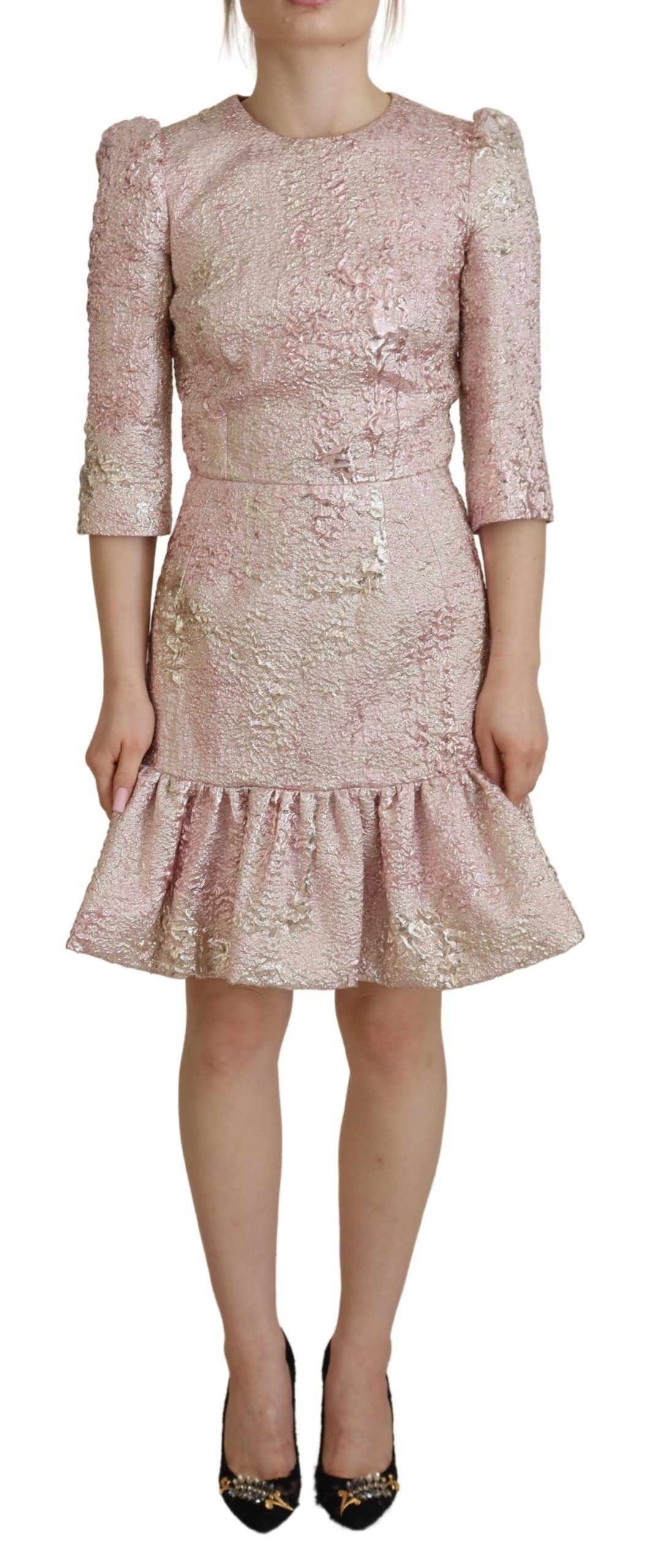 Roze jacquard 3/4 mouw mantel midi-jurk