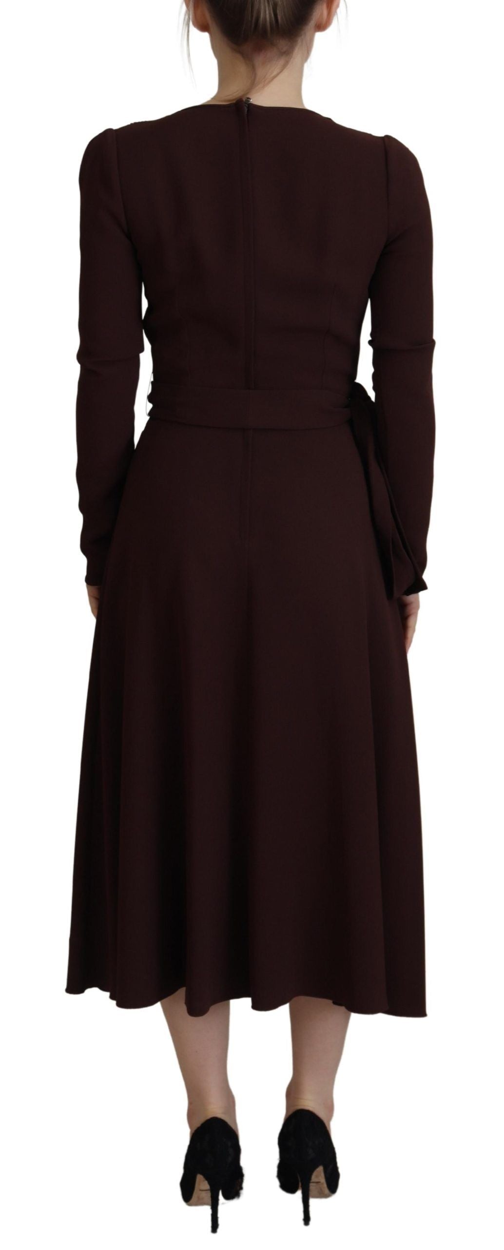 Bruine wikkeljurk met lange mouwen en stretch, midi-lengte