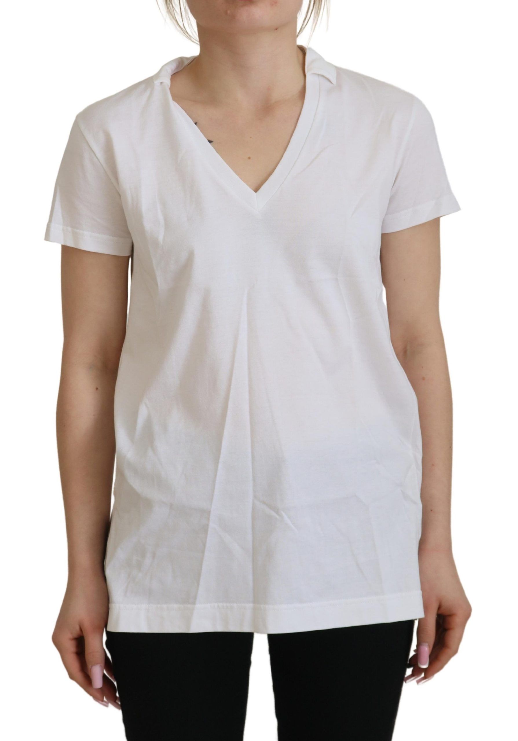 Witte blouse met korte mouwen en V-hals van katoen, T-shirt