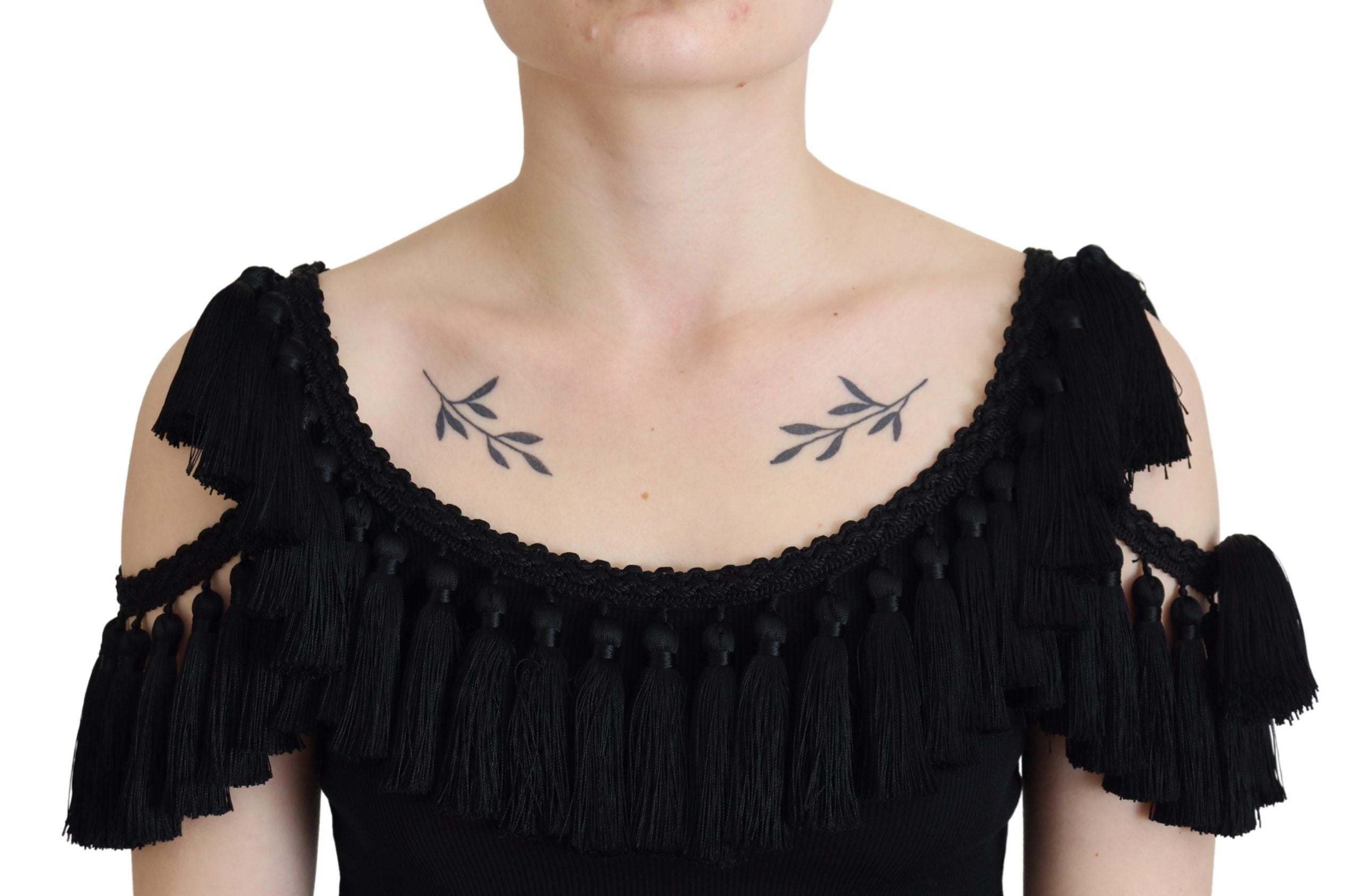 Zwarte tanktop blouse met kwastjes van katoen