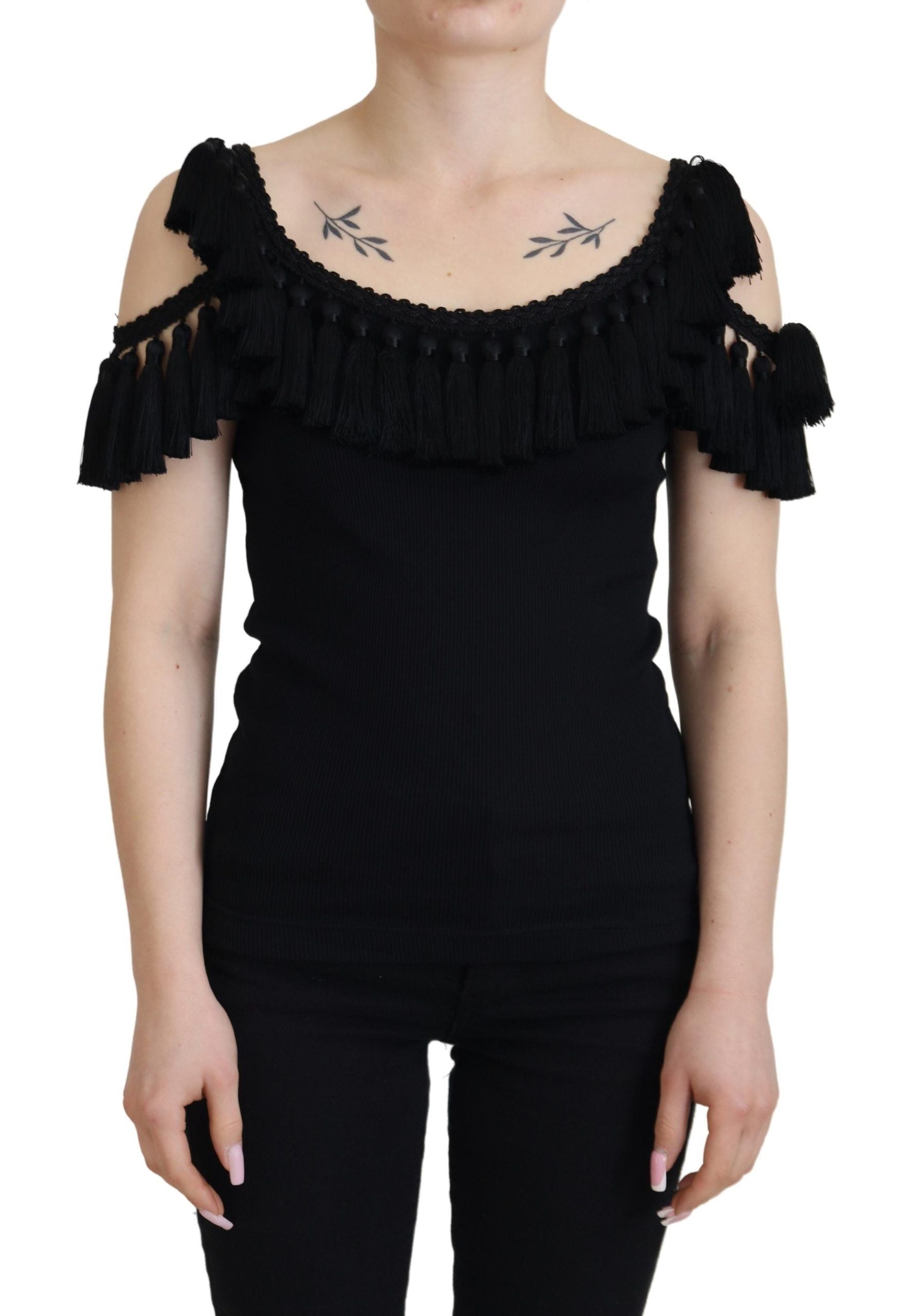 Zwarte tanktop blouse met kwastjes van katoen