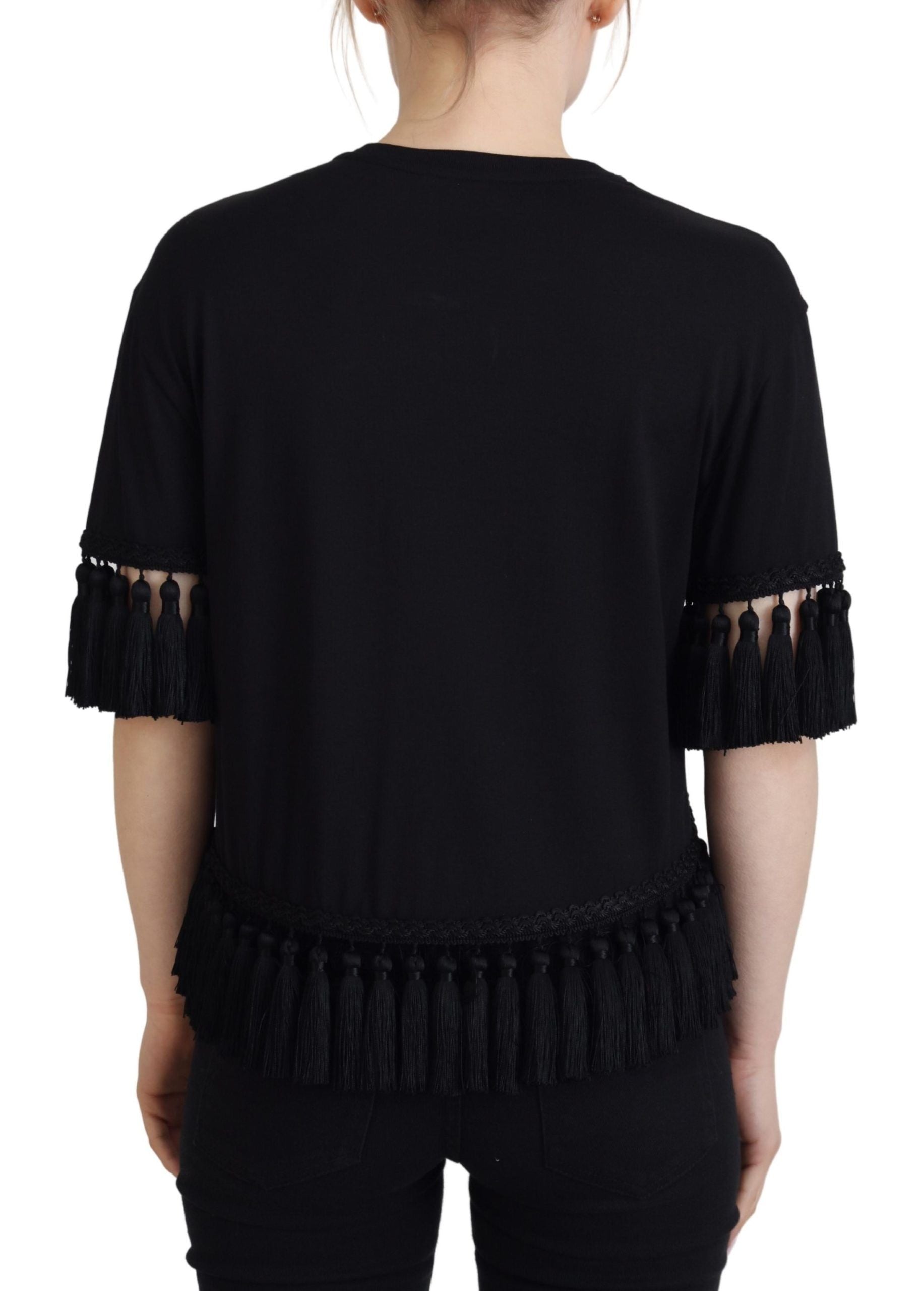 Zwarte T-shirtblouse met kwastjes van katoen