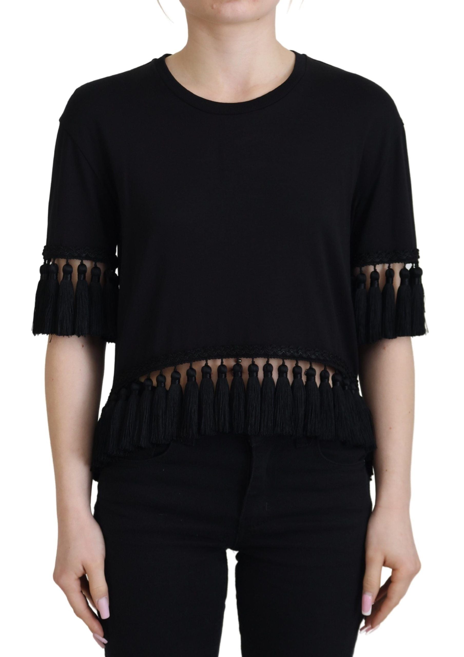 Zwarte T-shirtblouse met kwastjes van katoen
