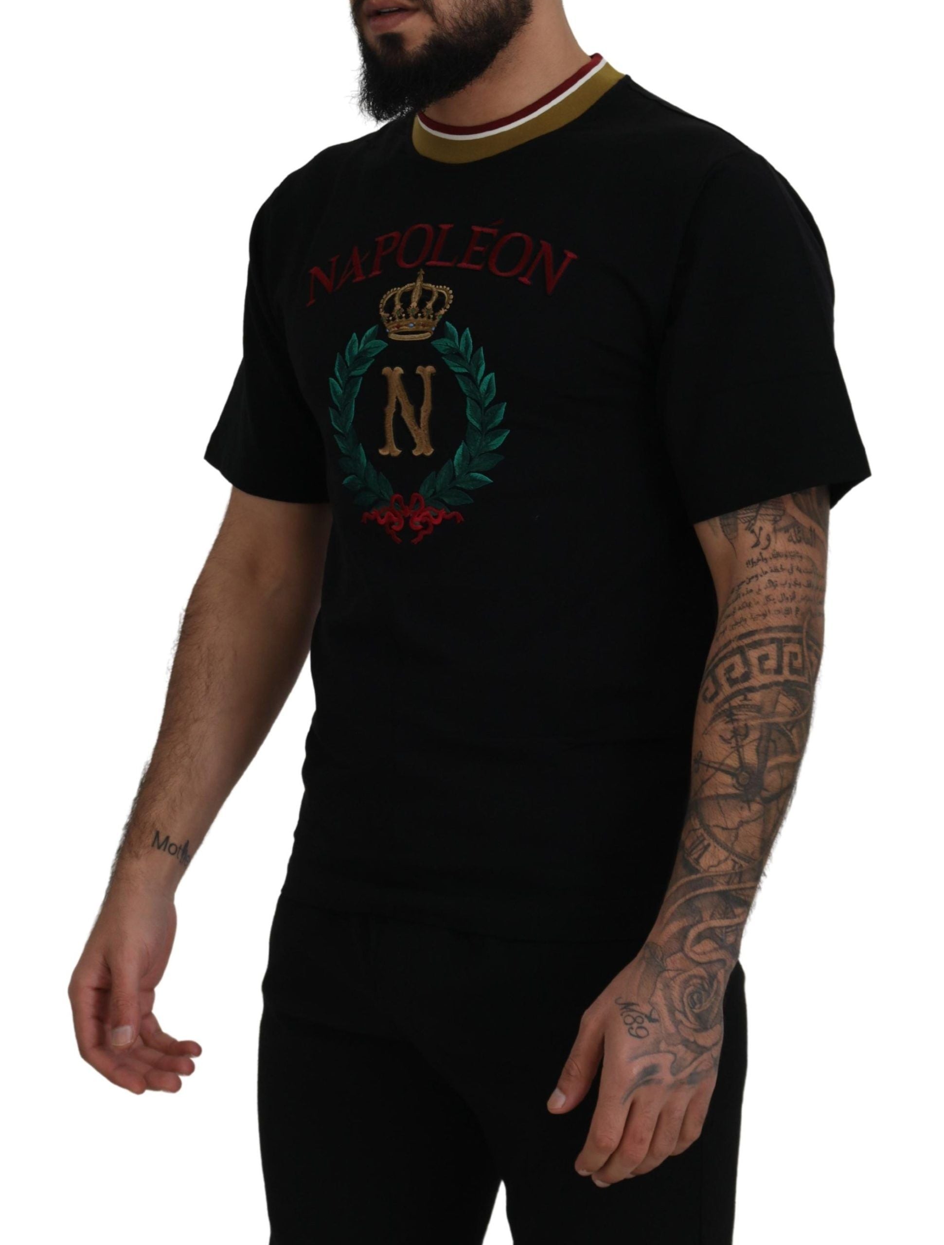 Zwart katoenen geborduurd T-shirt met ronde hals