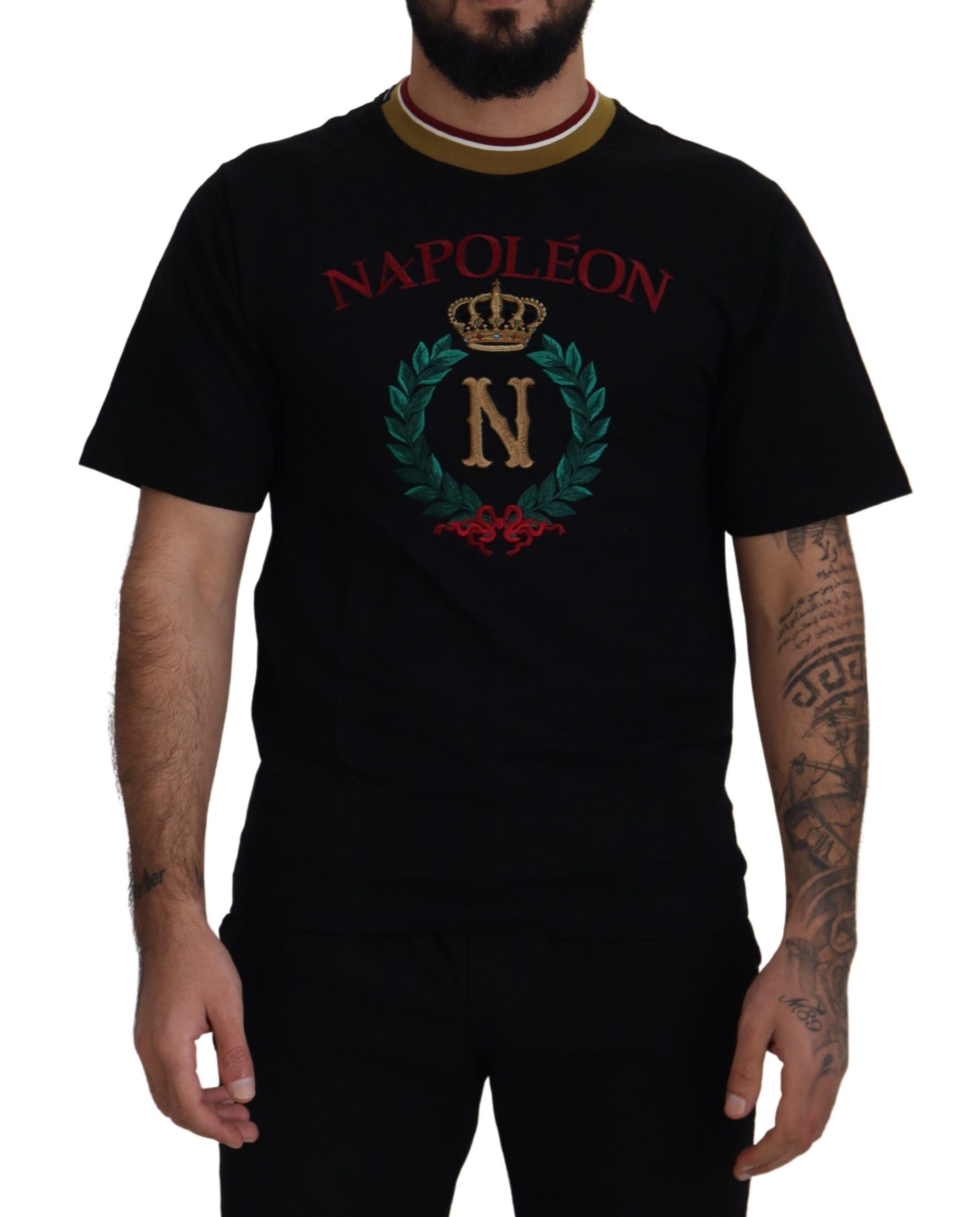 Zwart katoenen geborduurd T-shirt met ronde hals