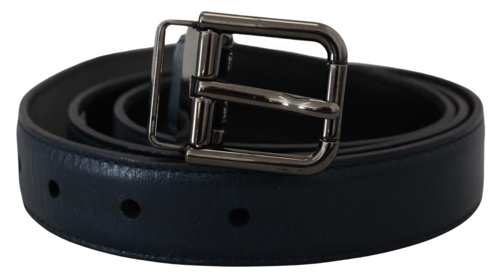 Blauwe leren vintage riem met zilveren metalen gesp