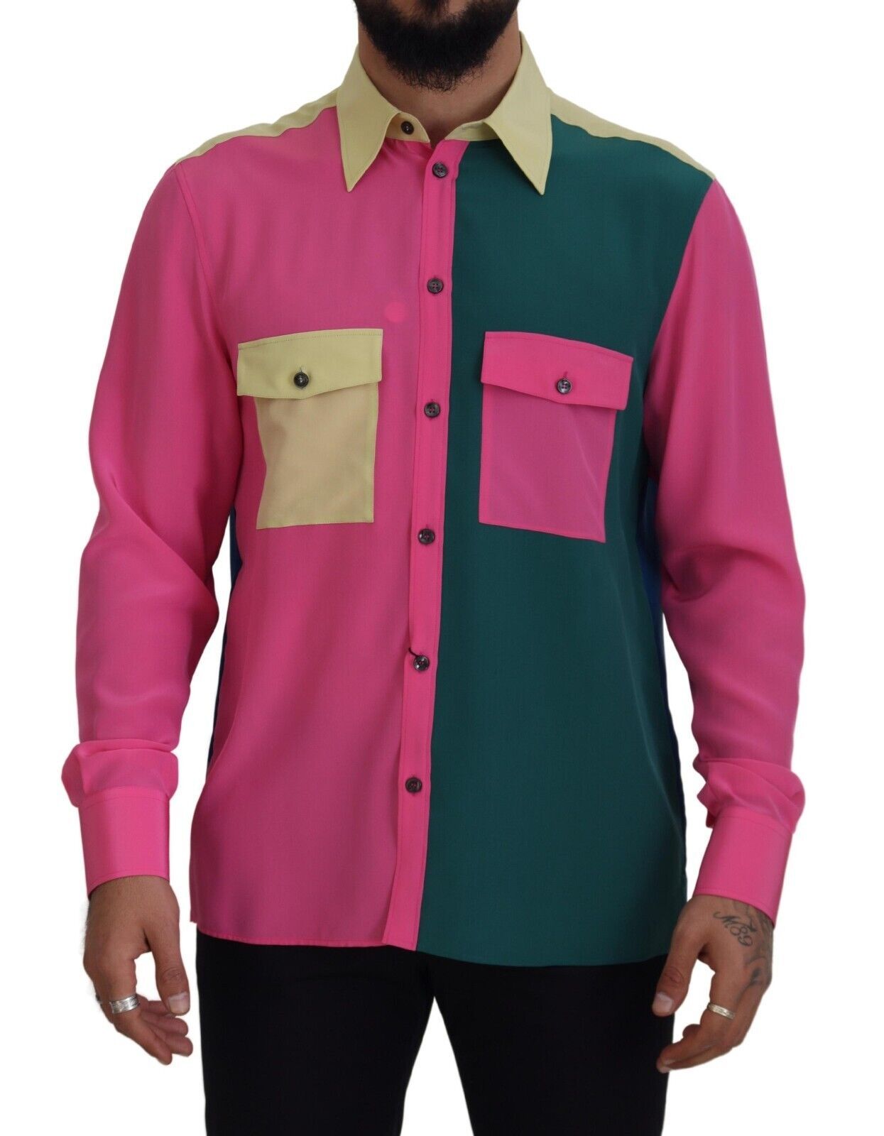 Veelkleurige patchwork zijden overhemd met knoopjes