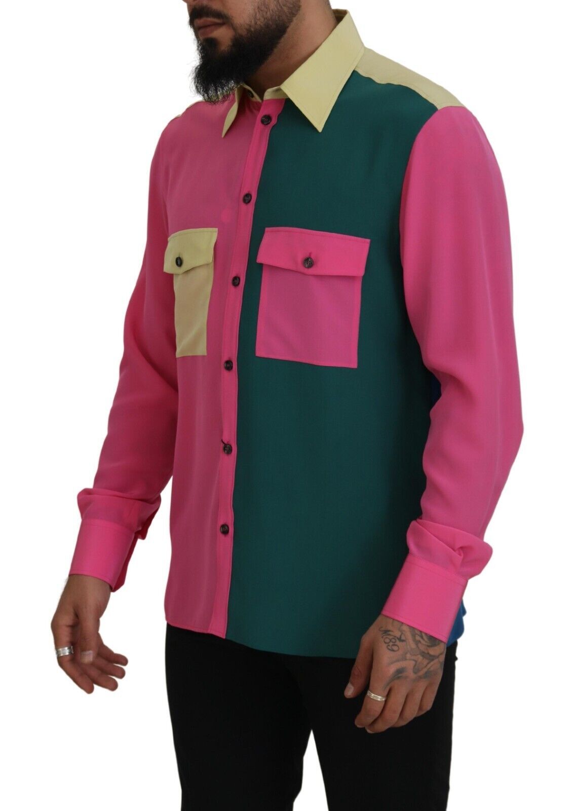 Veelkleurige patchwork zijden overhemd met knoopjes