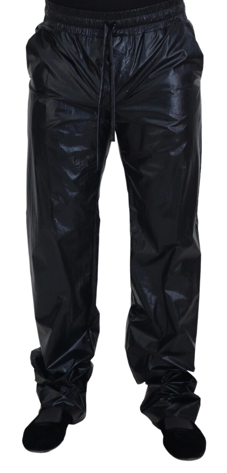 Zwarte glanzende nylon broek met trekkoord