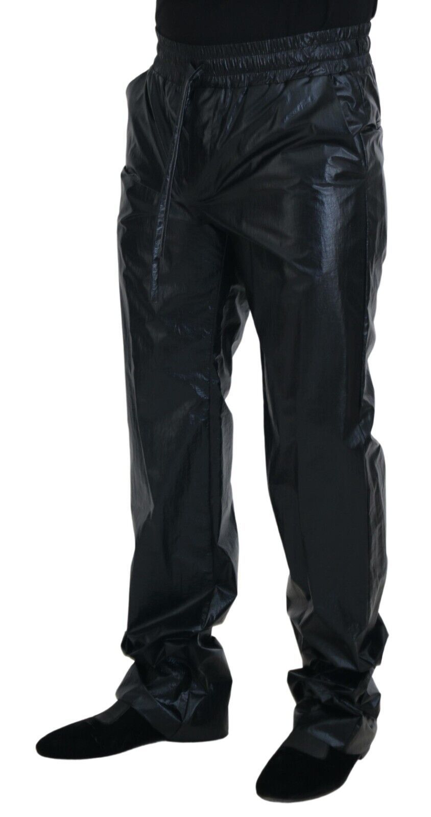 Zwarte glanzende nylon broek met trekkoord