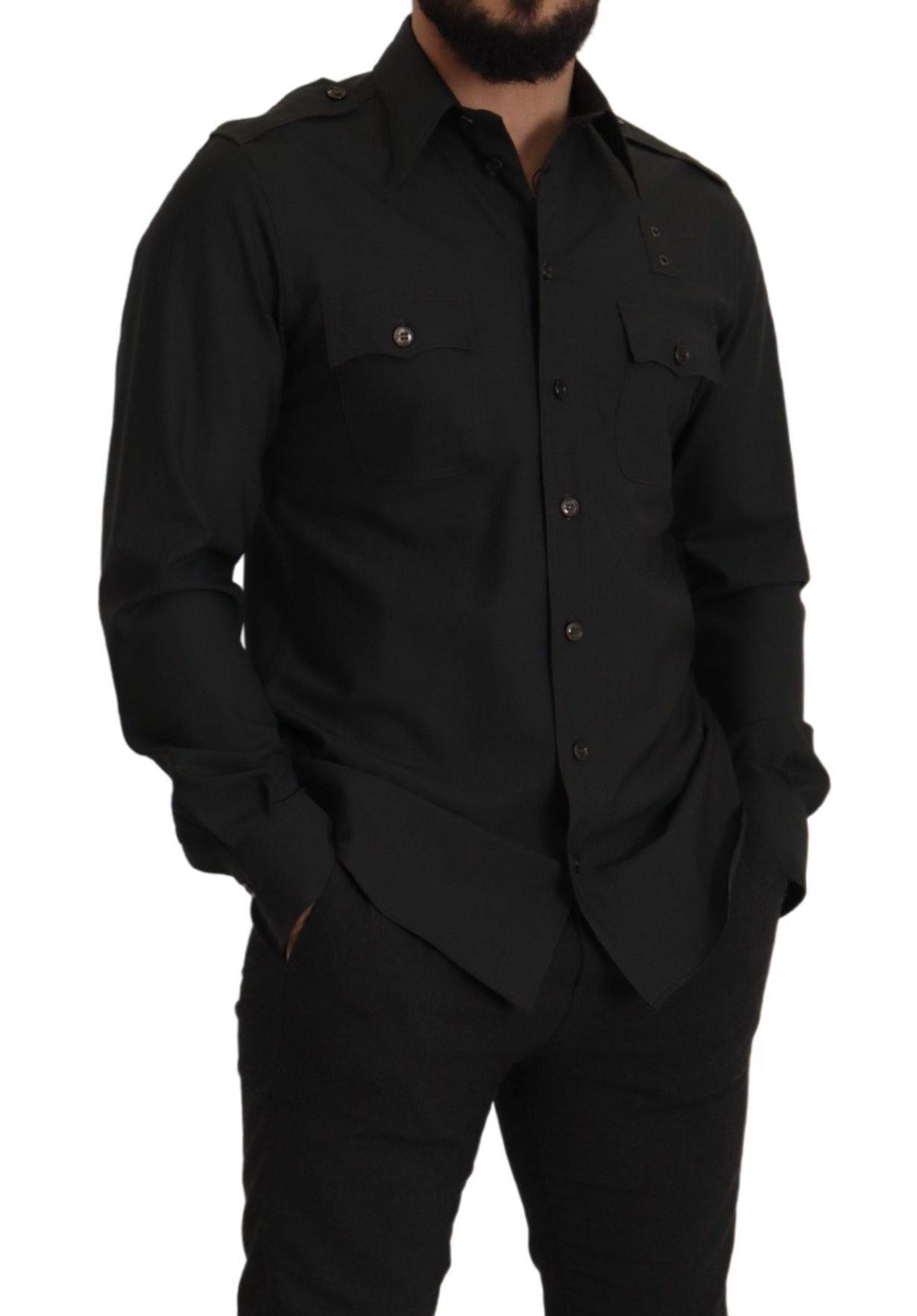 Donkergroen katoenen slim fit casual herenoverhemd