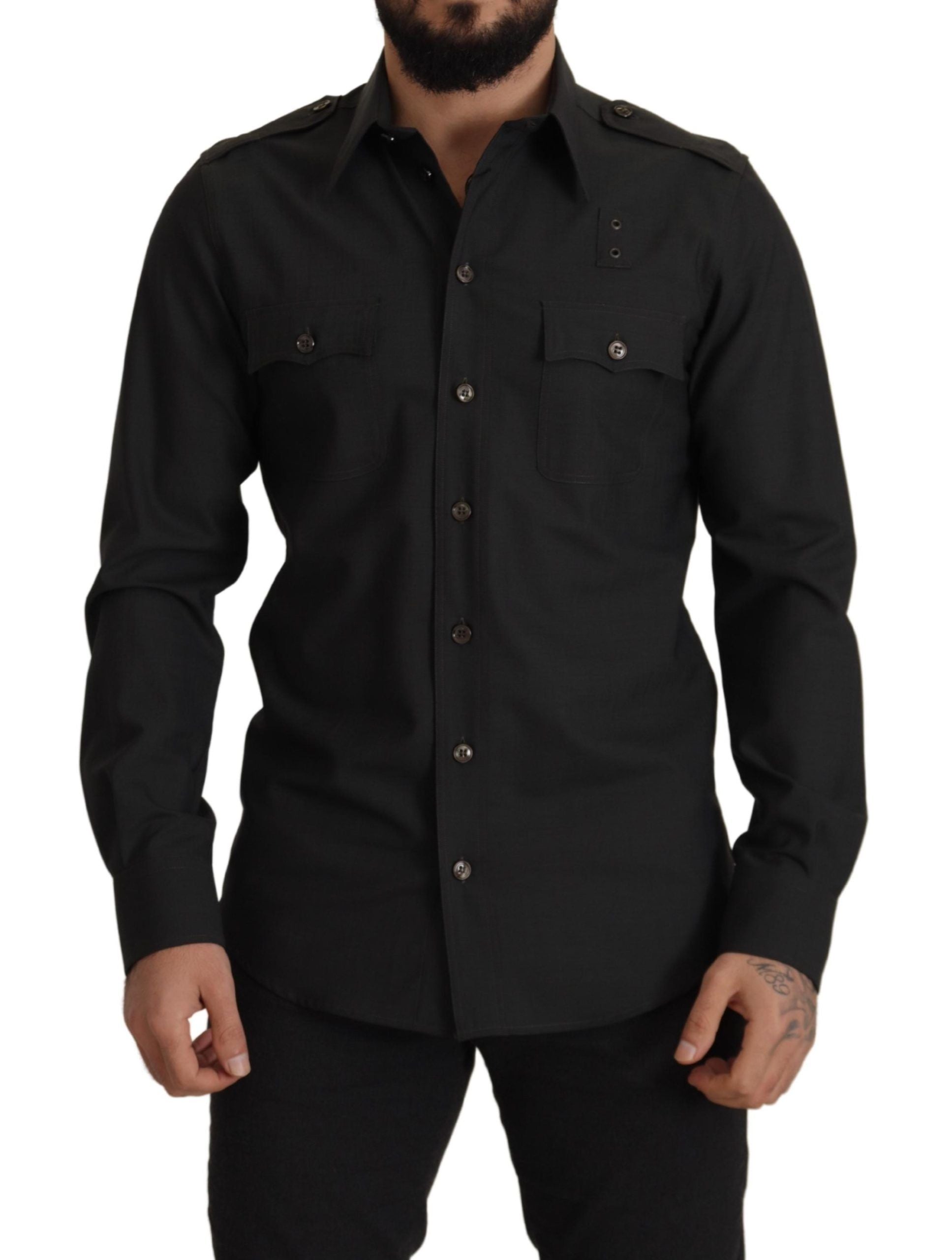 Donkergroen katoenen slim fit casual herenoverhemd