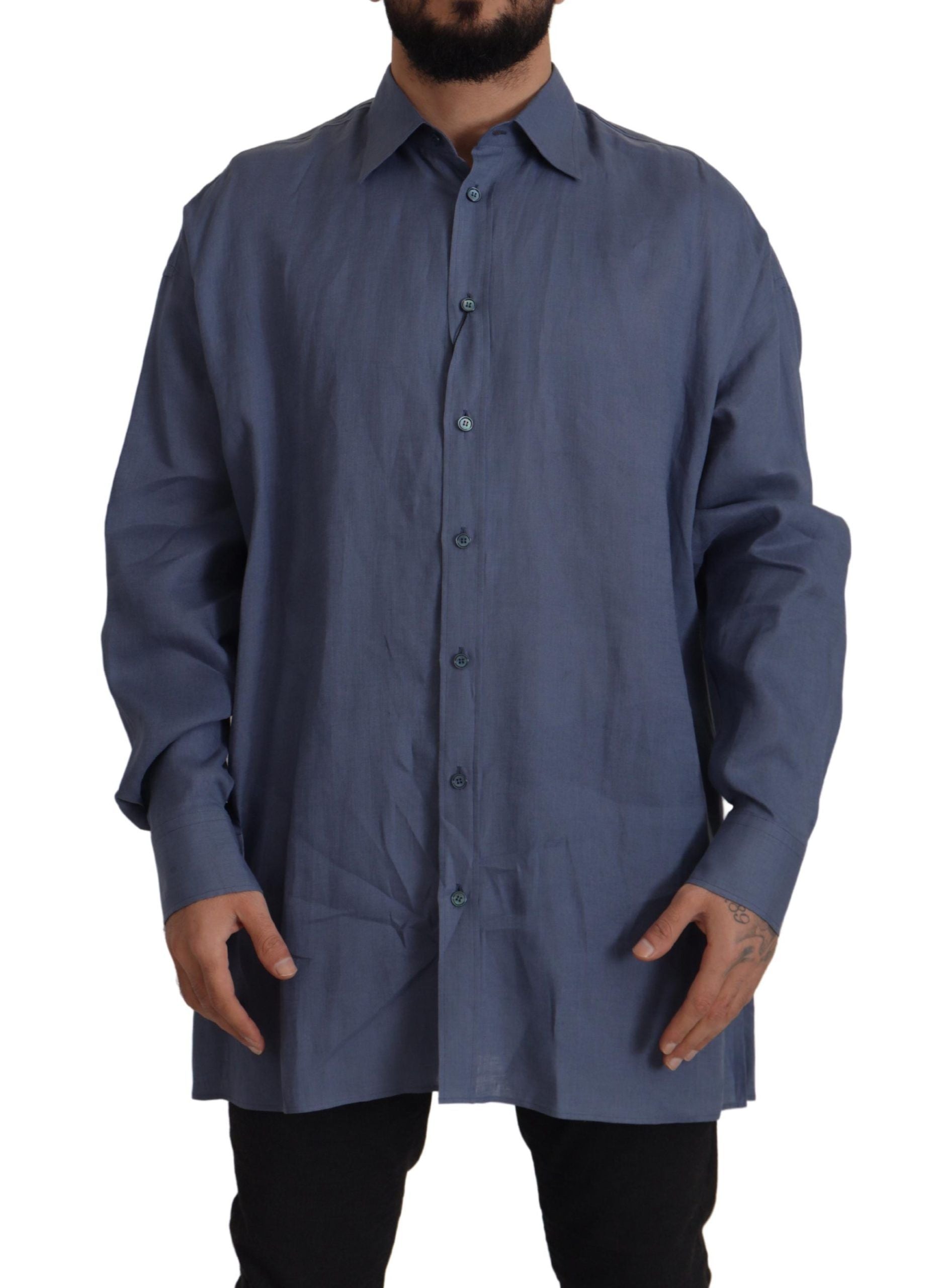 Donkerblauw linnen slim fit overhemd voor heren