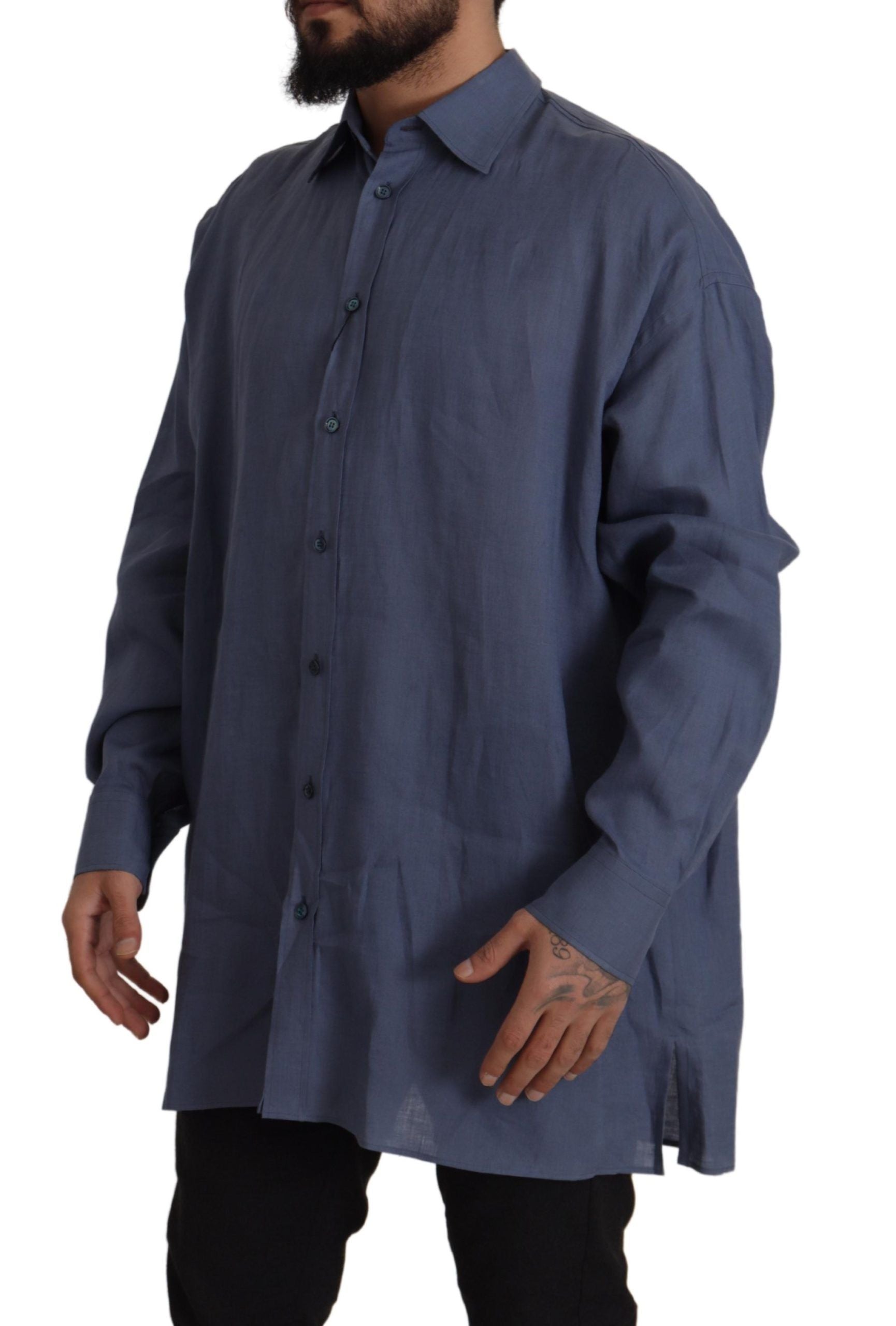 Donkerblauw linnen slim fit overhemd voor heren