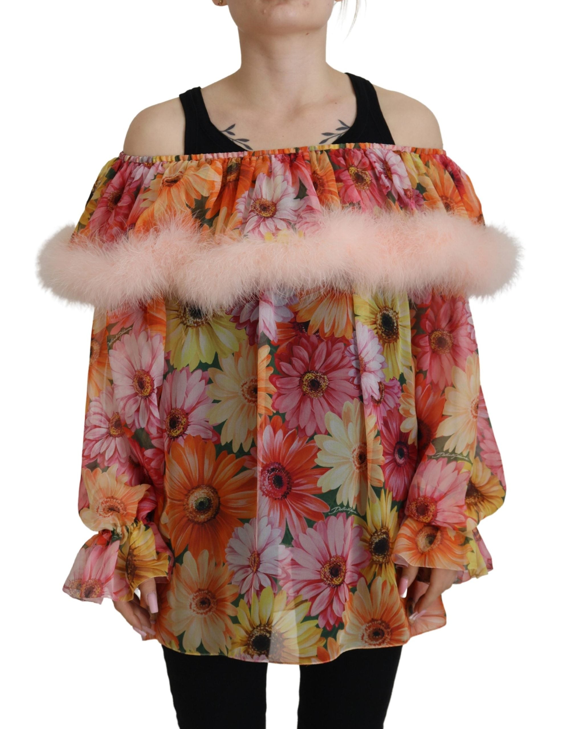 Blouse met veelkleurige bloemenprint en schapenvacht