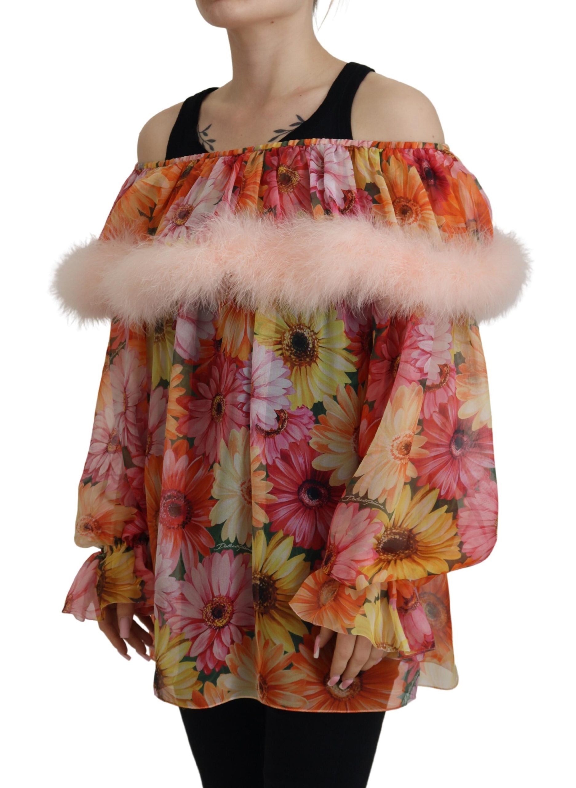 Blouse met veelkleurige bloemenprint en schapenvacht