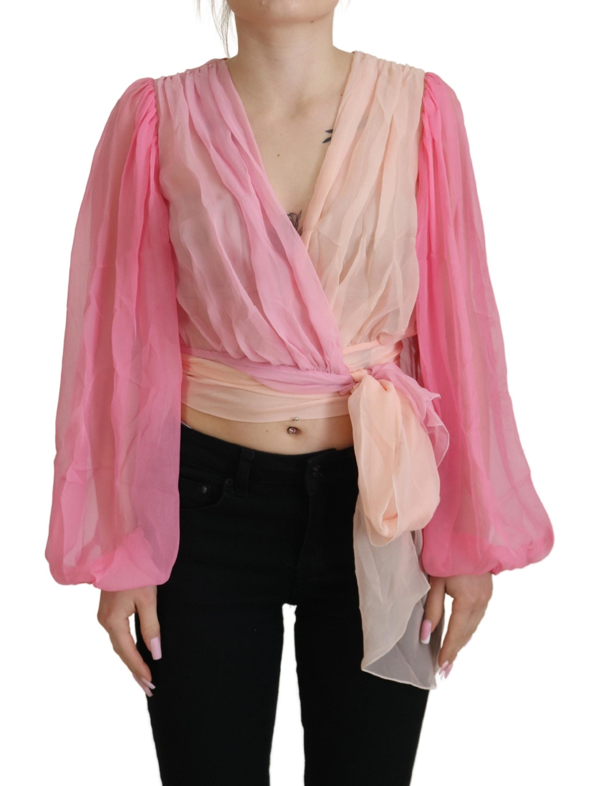 Roze zijden wikkelblouse met lange mouwen