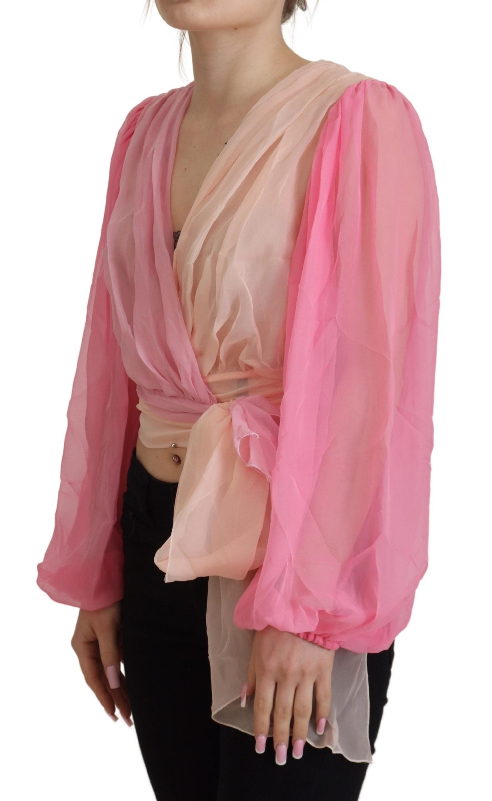 Roze zijden wikkelblouse met lange mouwen