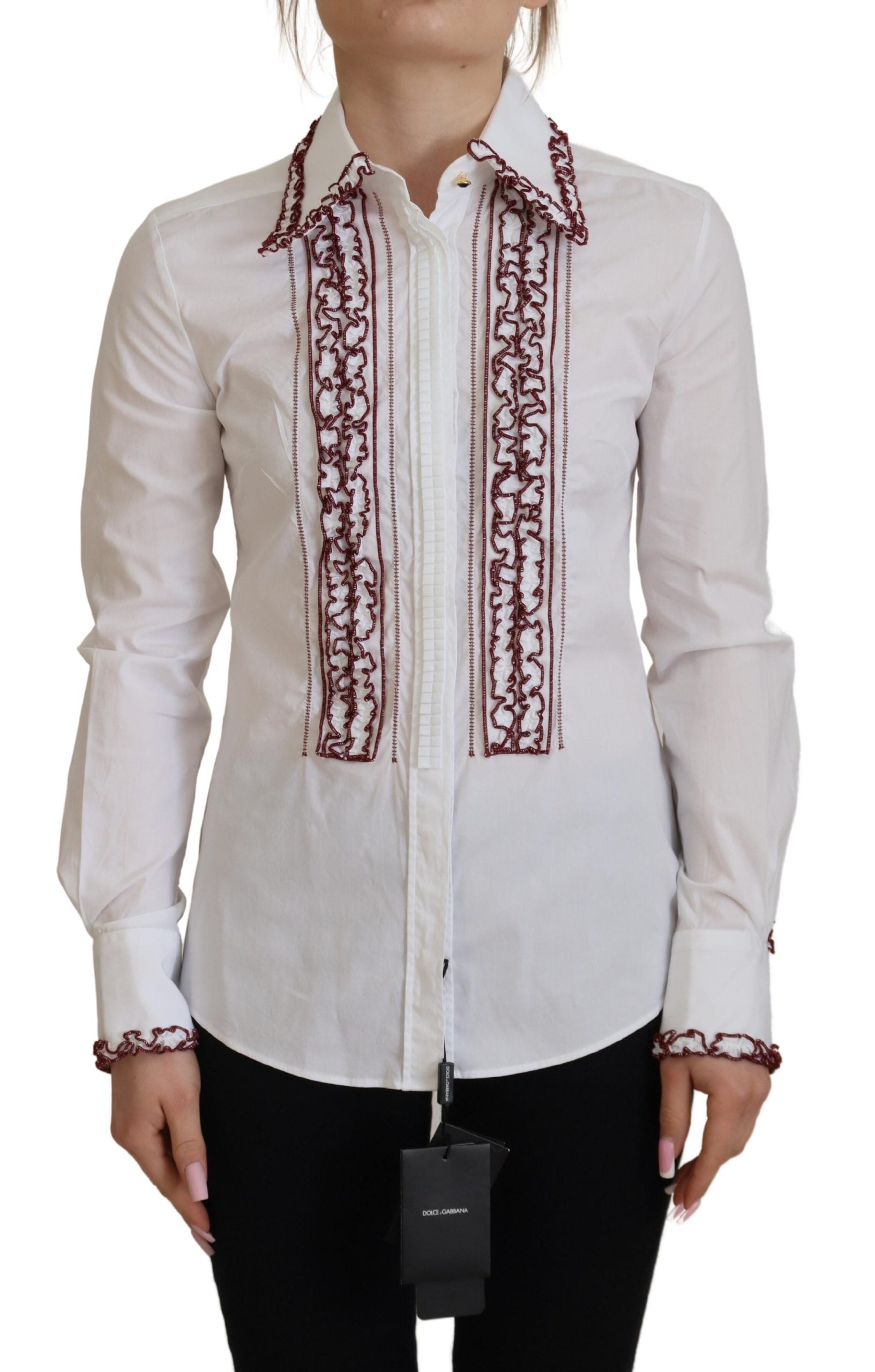 Witte top met lange mouwen en rucheskraag van kant